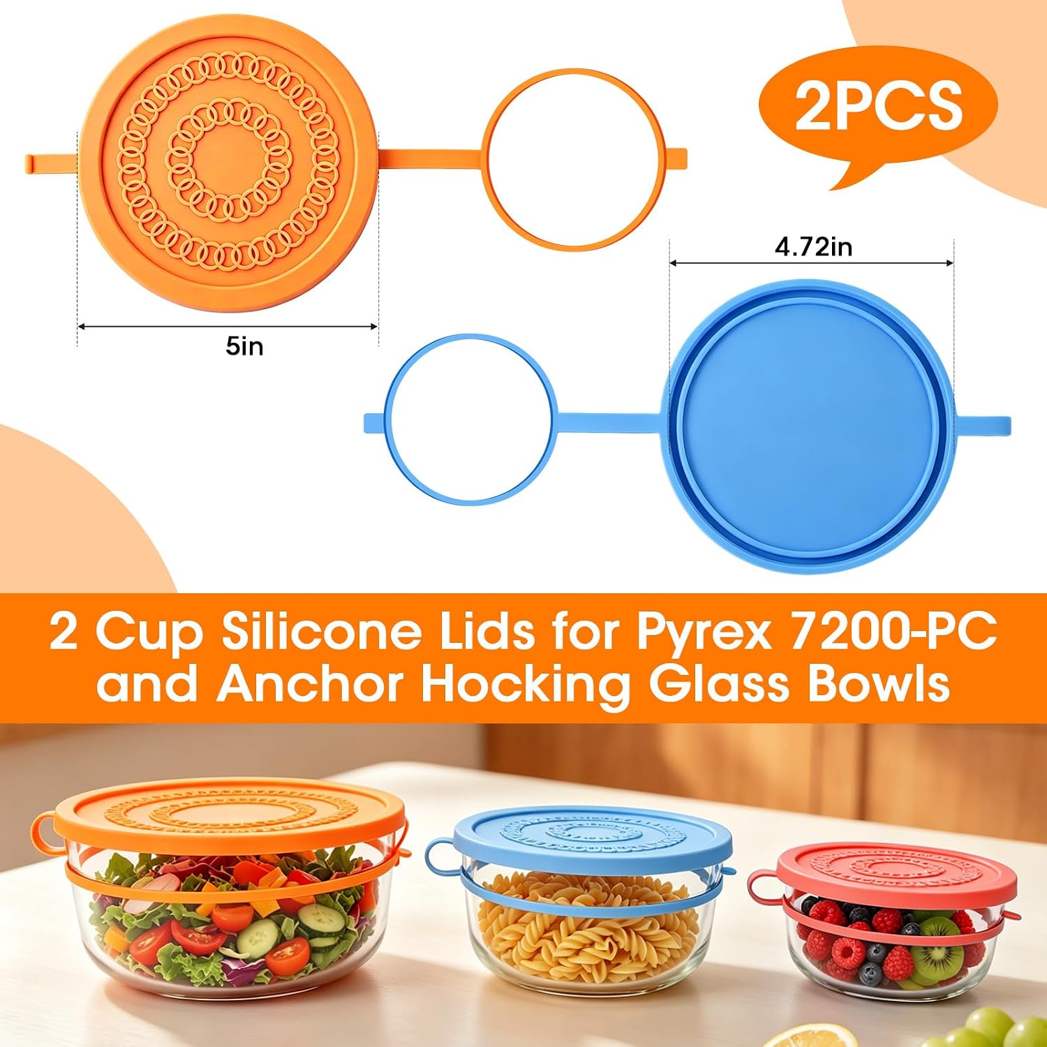 2 Cup Silicone Replacement Lids for Pyrex 7200-PC and Anchor Hocking Glass Bowls,Round Storage Cover for Pyrex Glass Bowls(Container not Included)-2 Pack
