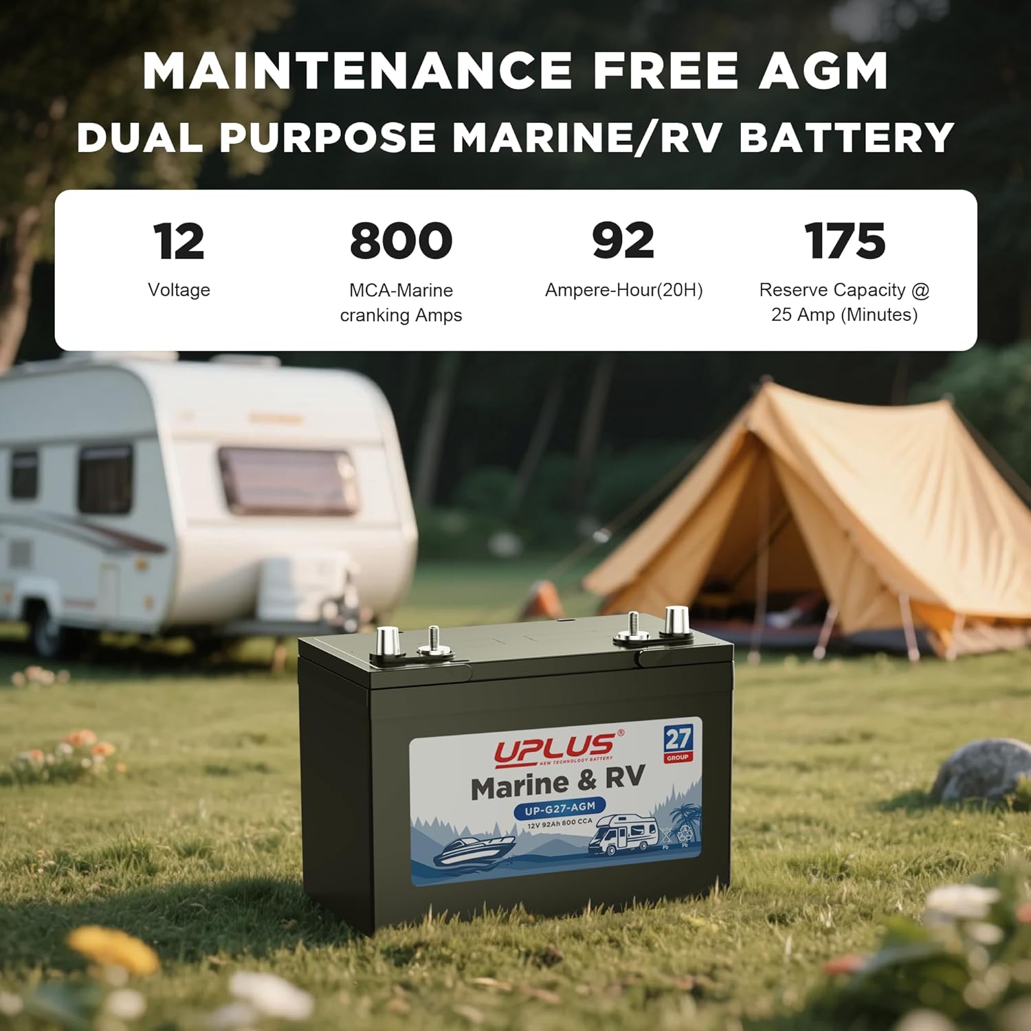 UPLUS BCI Group 27M Dual Purpose Marine Battery, 12V 92Ah 800CCA AGM Starting and Deep Cycle Boat & RV Batteries for Navigation Devices, Lights and Engines