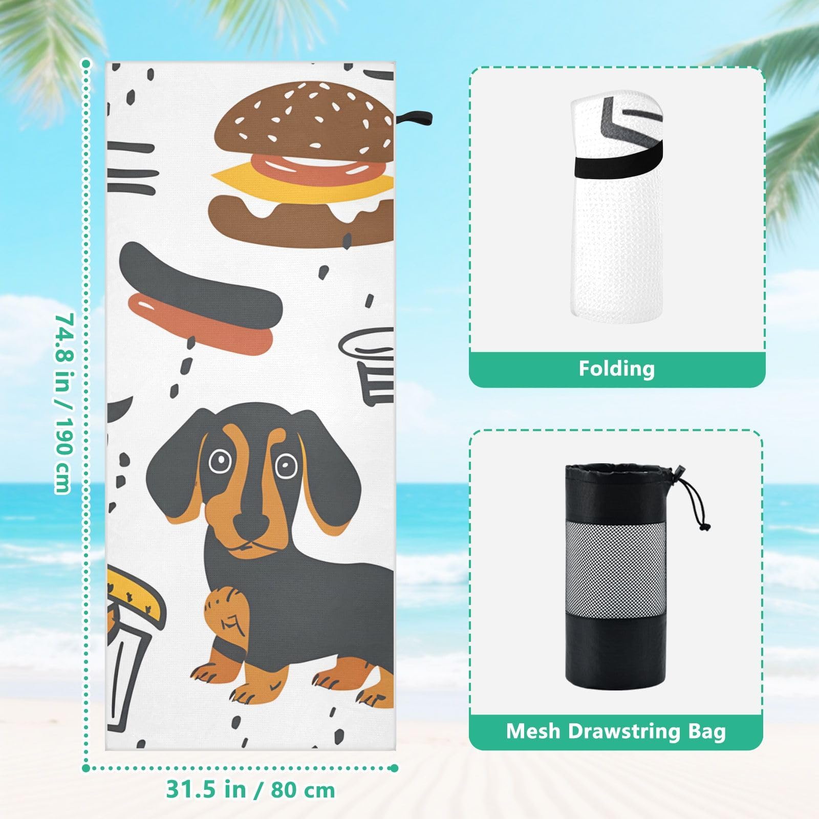 Toallas de playa grandes con bolsas de malla para adultos, bonita y simple toalla de baño de perro salchicha con cierre magnético, toalla absorbente de secado rápido para piscina, camping y