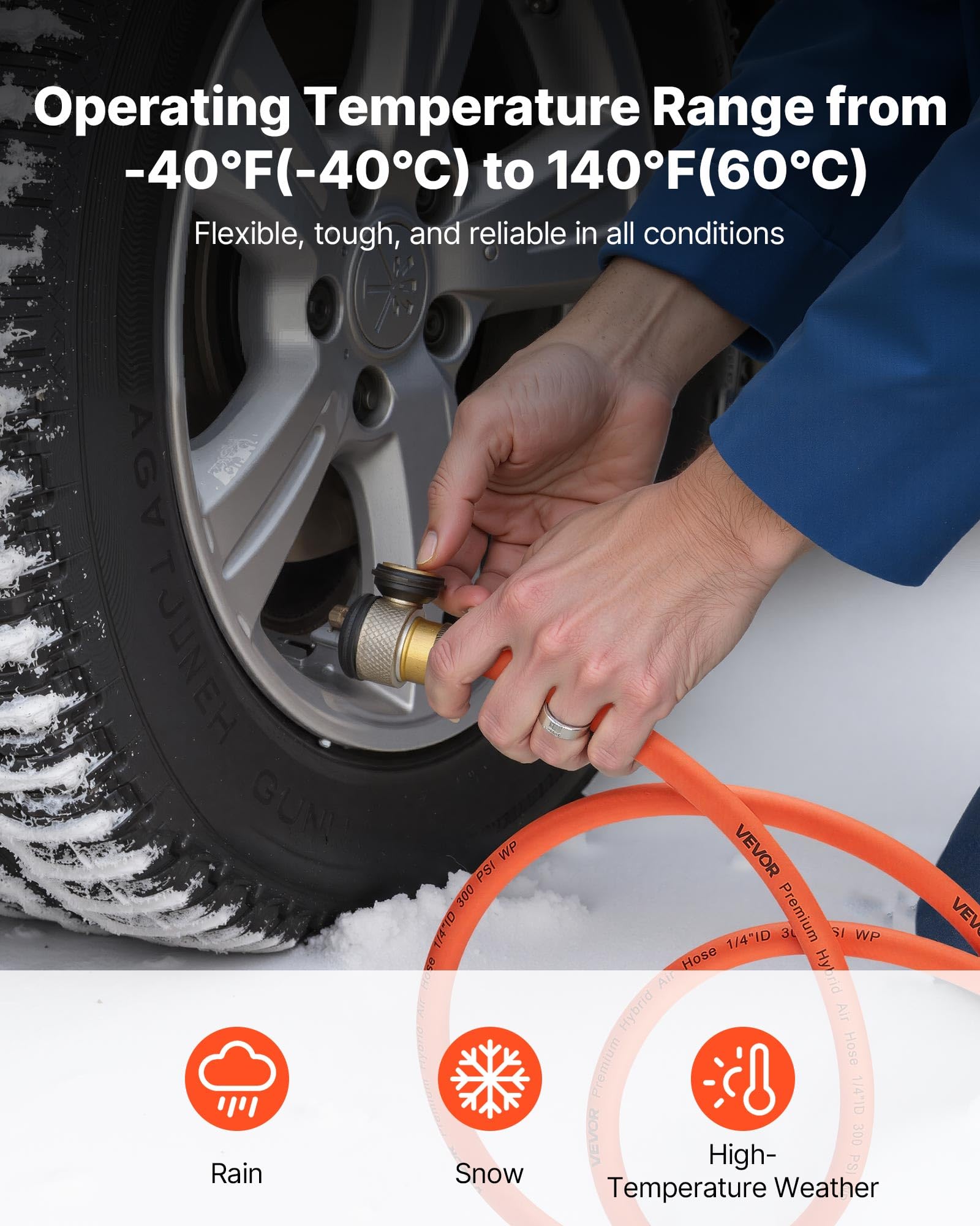 VEVOR Manguera de Aire Híbrida Flexible, 9,53 mm de Diámetro y 7620 cm de Longitud, Tubo Neumático de 20,68 bar con Material Híbrido de Tres Capas para Automóviles, Hogar y Construcción, Naranja