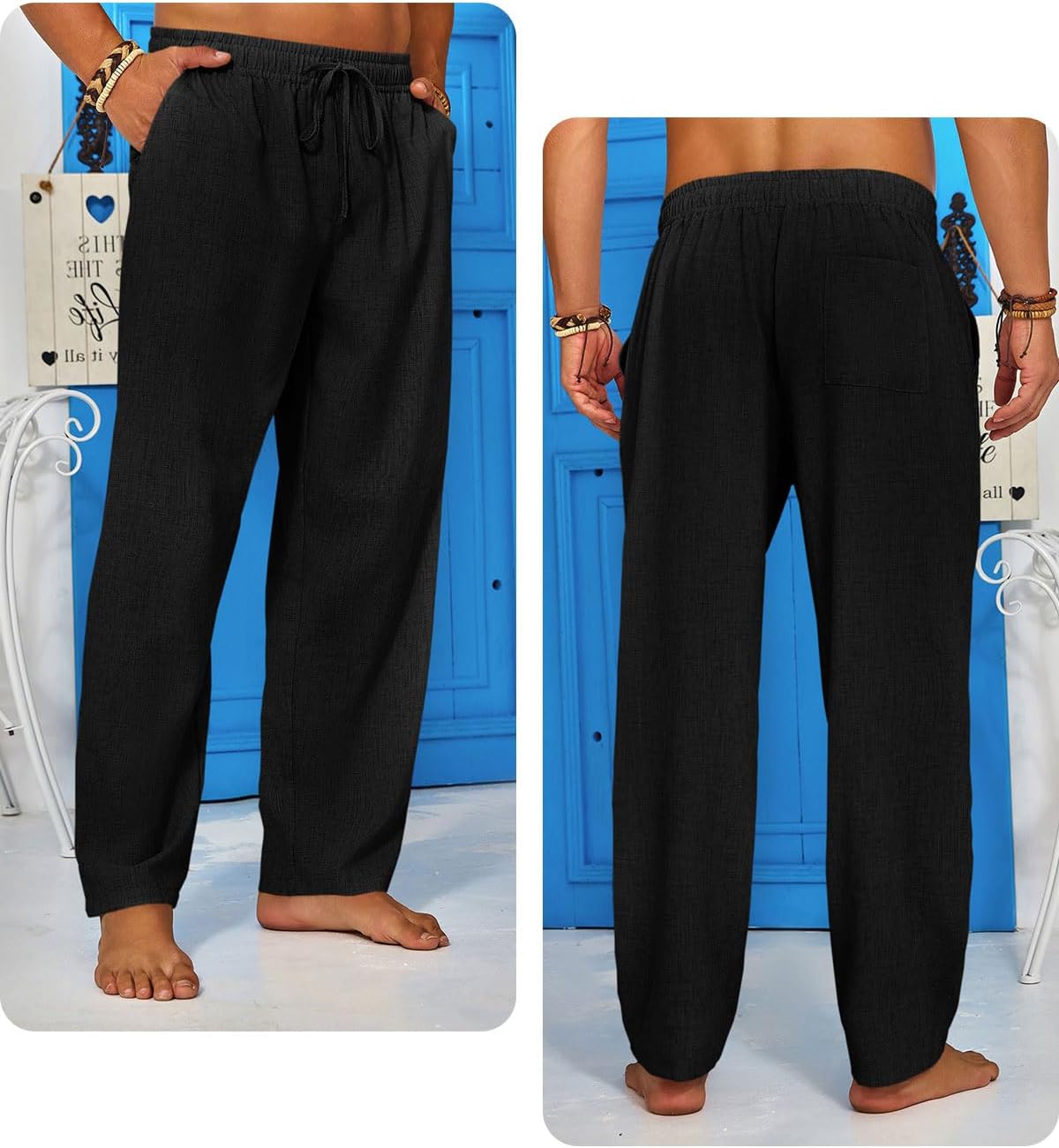 Runcati Mens Casual Linen Pants Elastic Waist Drawstring Summer Beach Pants Lightweight Loose Fit Yoga Trousers - Image 3