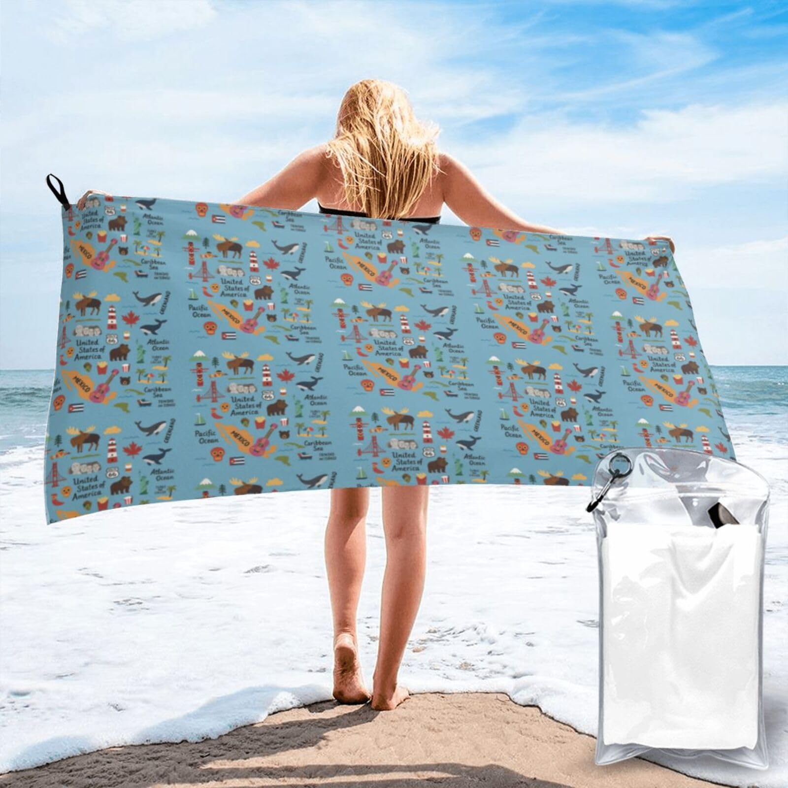 FHIZOAL Colorful Map With Icons Quick Dry Towel Microfibre Towel Super Absorbent Ultra Compact Gym Sports Beach Camping Travel