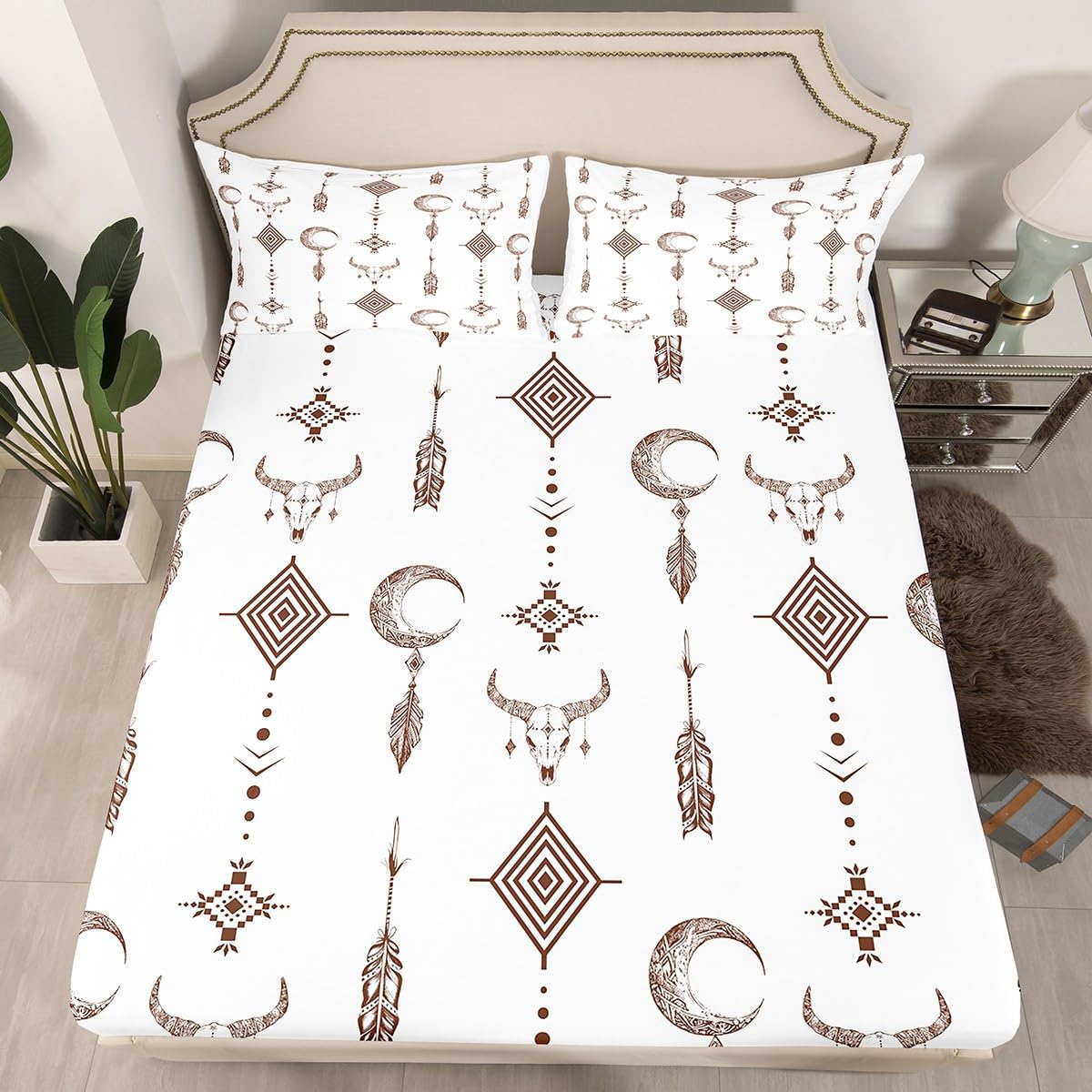 Erosebridal Aztec Fitted Sheet Twin Western Tribal Bed Sheets for Kids Boys Girls Rustic Square Bull Skull Horns Ethnic Sheets Geometric Retro Cow Boho Arrows Feathers White Bedding Set