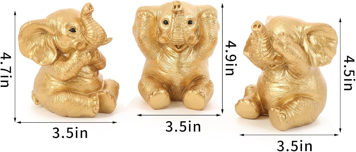 Set of 3 Gold Good Luck Elephant Statues Home Décor Cool Elephant Figurines for Shelf, Living Room Office Desktop, Bookshelf, Animal Sculptures Gifts,Small Decor Accents Items for Women