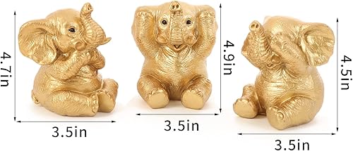 Miniatura 3 de Juego de 3 estatuas doradas de elefante de buena suerte, decoración del hogar, figuras de elefante geniales para estante, sala de estar, oficina,