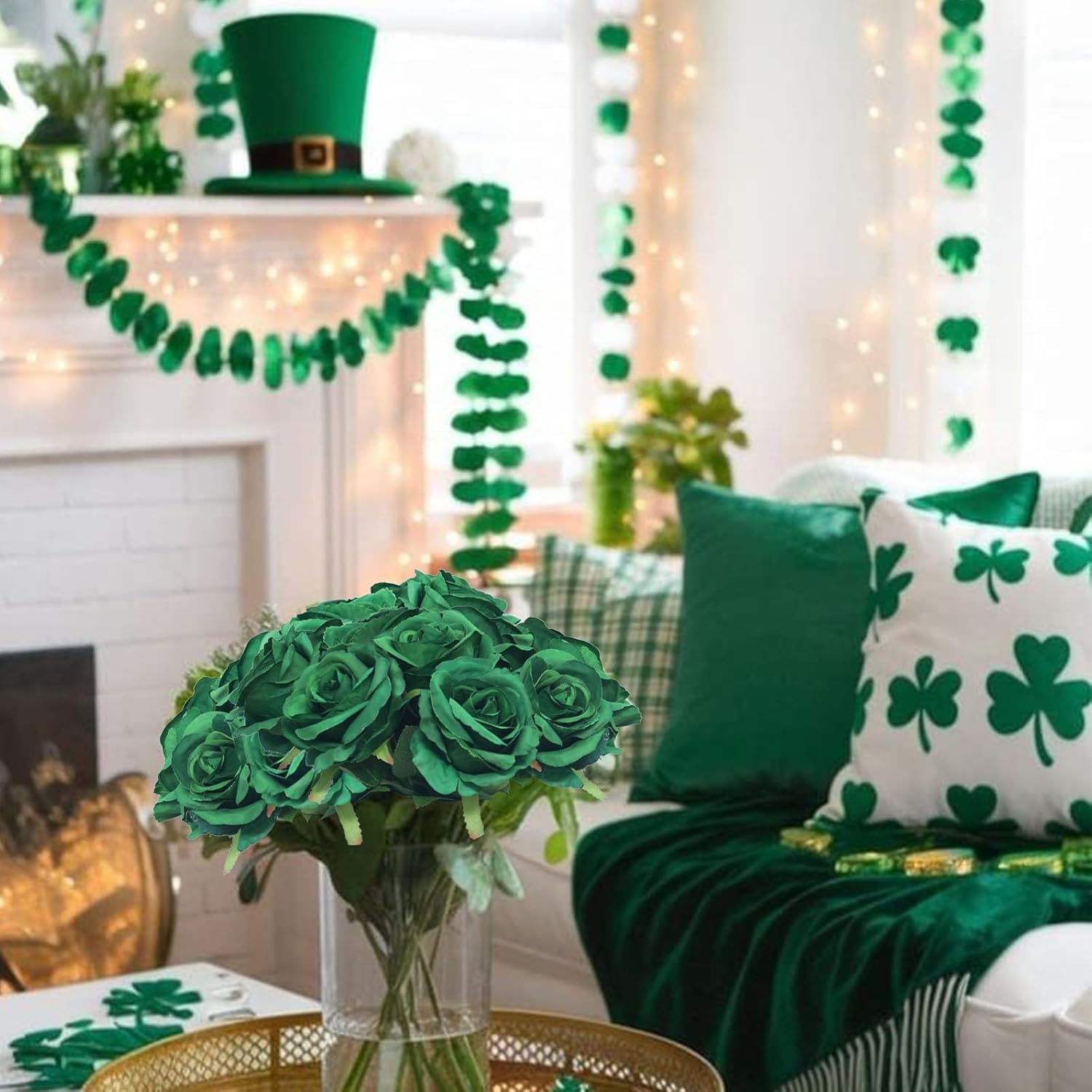 Felice Arts 12 Pack Green Artificial Roses Emerald Green Flowers with Stems Silk Roses Fake Flowers Bouquet for Christmas St Patricks Day Wedding Centerpiece Table Vase Home Kitchen Party DIY Decor - Image 4