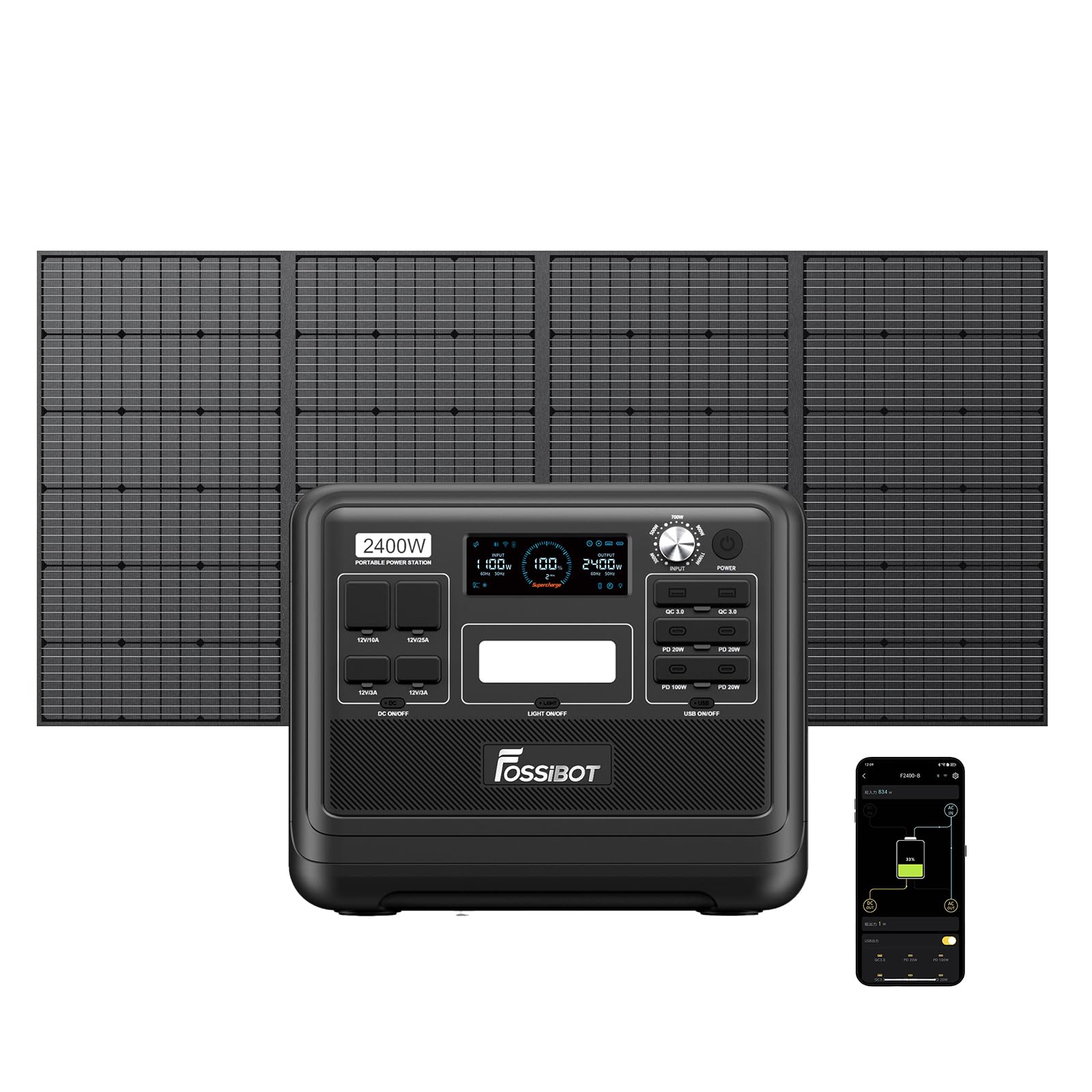 FOSSIBOT Generatore Solare F2400, Pezzo con Pannello Solare da 400W, LiFePO4 da 2048 Wh, Uscita AC da 2400W, Centrale Elettrica Portatile Adatta per Case, Campeggio e Situazioni di Emergenza