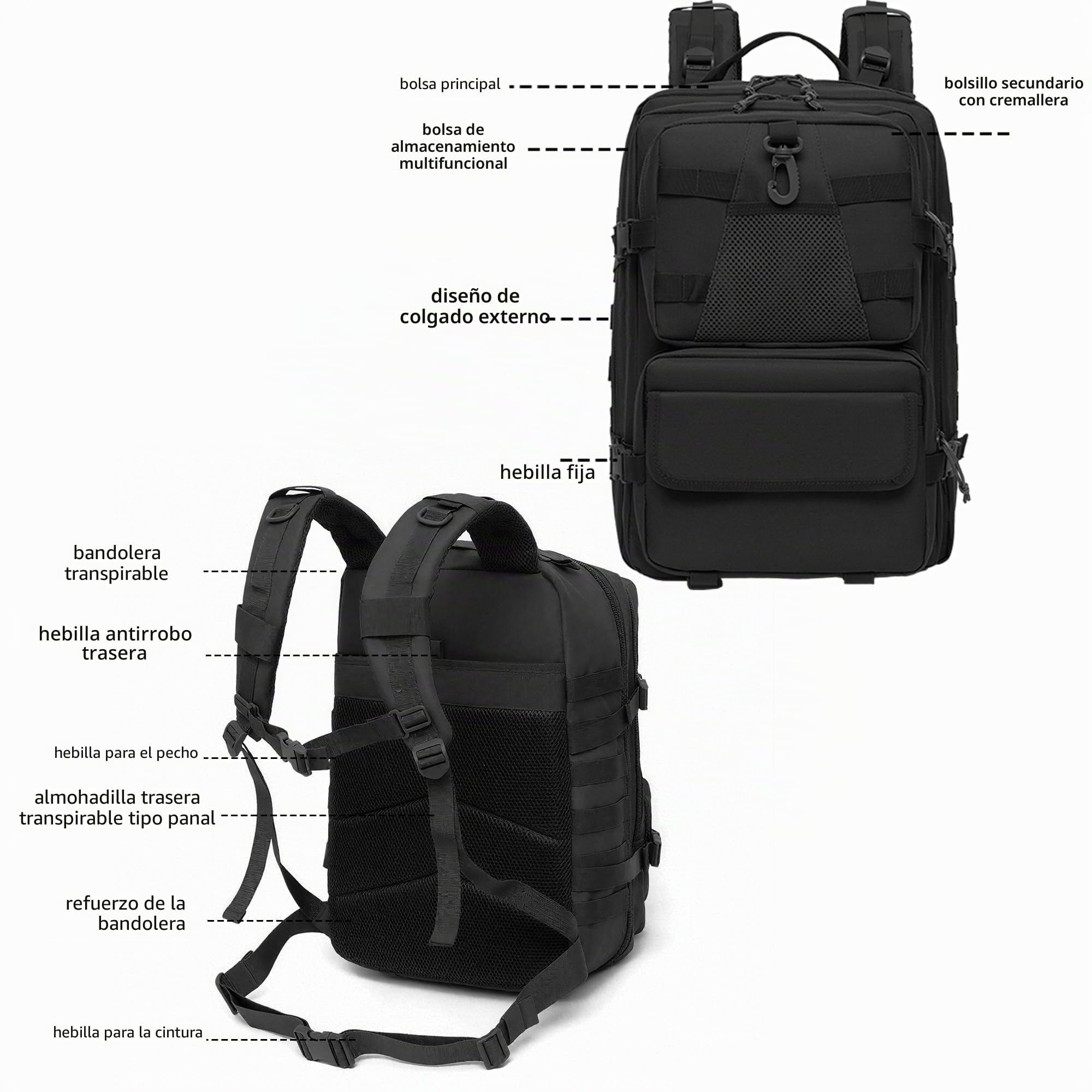 aiGear 50L Mochilas Tácticas Militar Gran Capacidad con Sistema Molle Negra