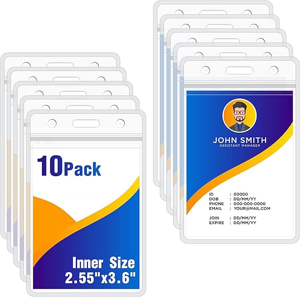 10Pack Vertical ID Badge Holder - Extra Thick Clear ID Card Holder with Waterproof Resealable Zip - Name Tag Holder for Nurses, Office and School
