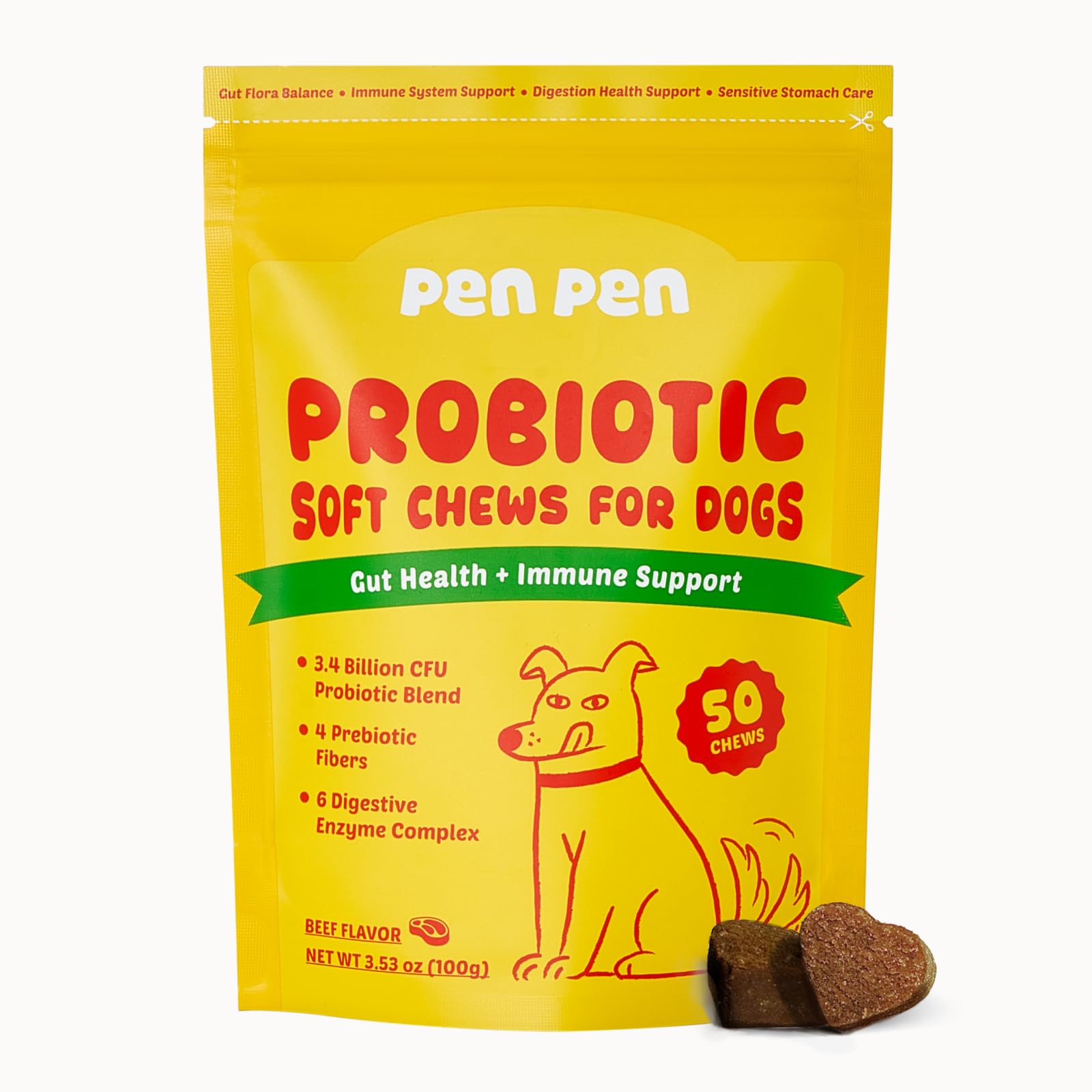 PENPEN Probiotics for Dogs, Dogs Probiotics for Digestive Health, Multi-Probiotic and Enzyme Blend Promote Gut Health & Immune Support, Eases Sensitive Stomachs (Beef Chews, 50ct)