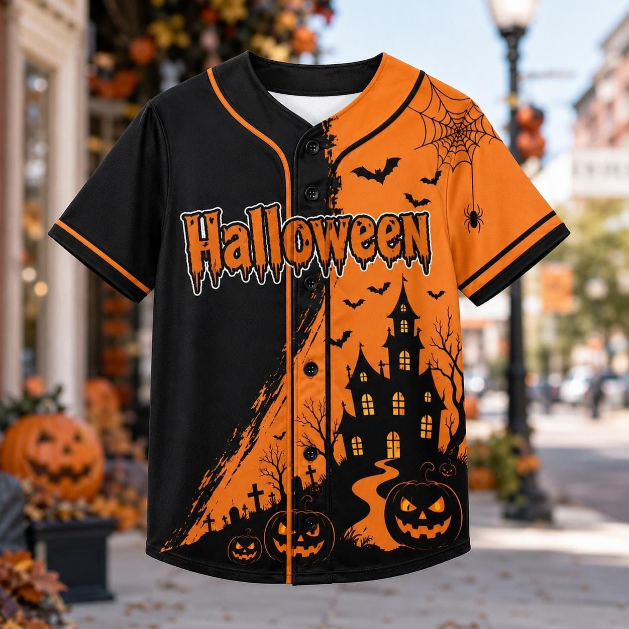 Custom Halloween Baseball Jersey for Men Women, Haunted House Pumpkin Shirt