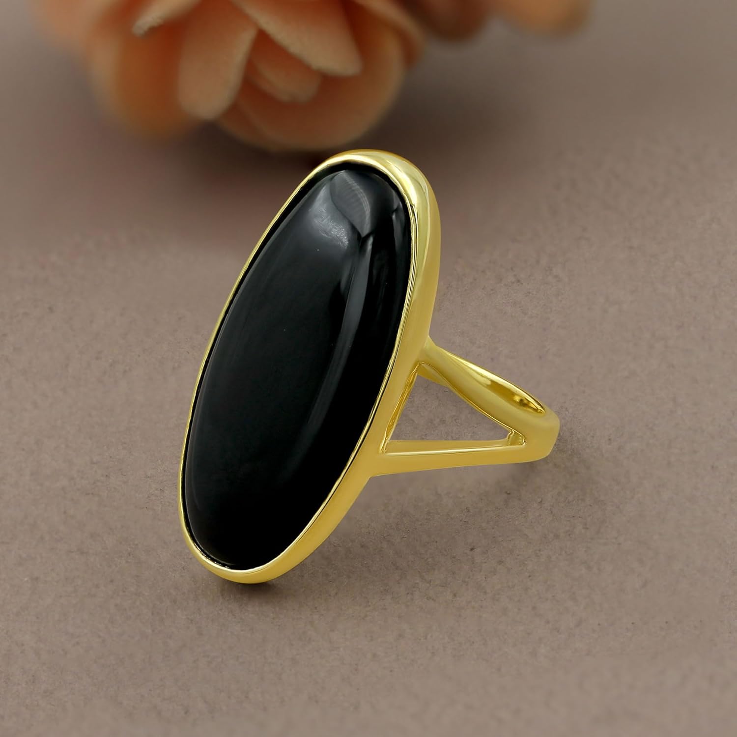 14k Yellow Gold Long Oval Shaped Natural Gemstone Rings For Women, Solitaire Birthstone Ring Jewelry Women's Day Gift For Mom Wife Sister Her