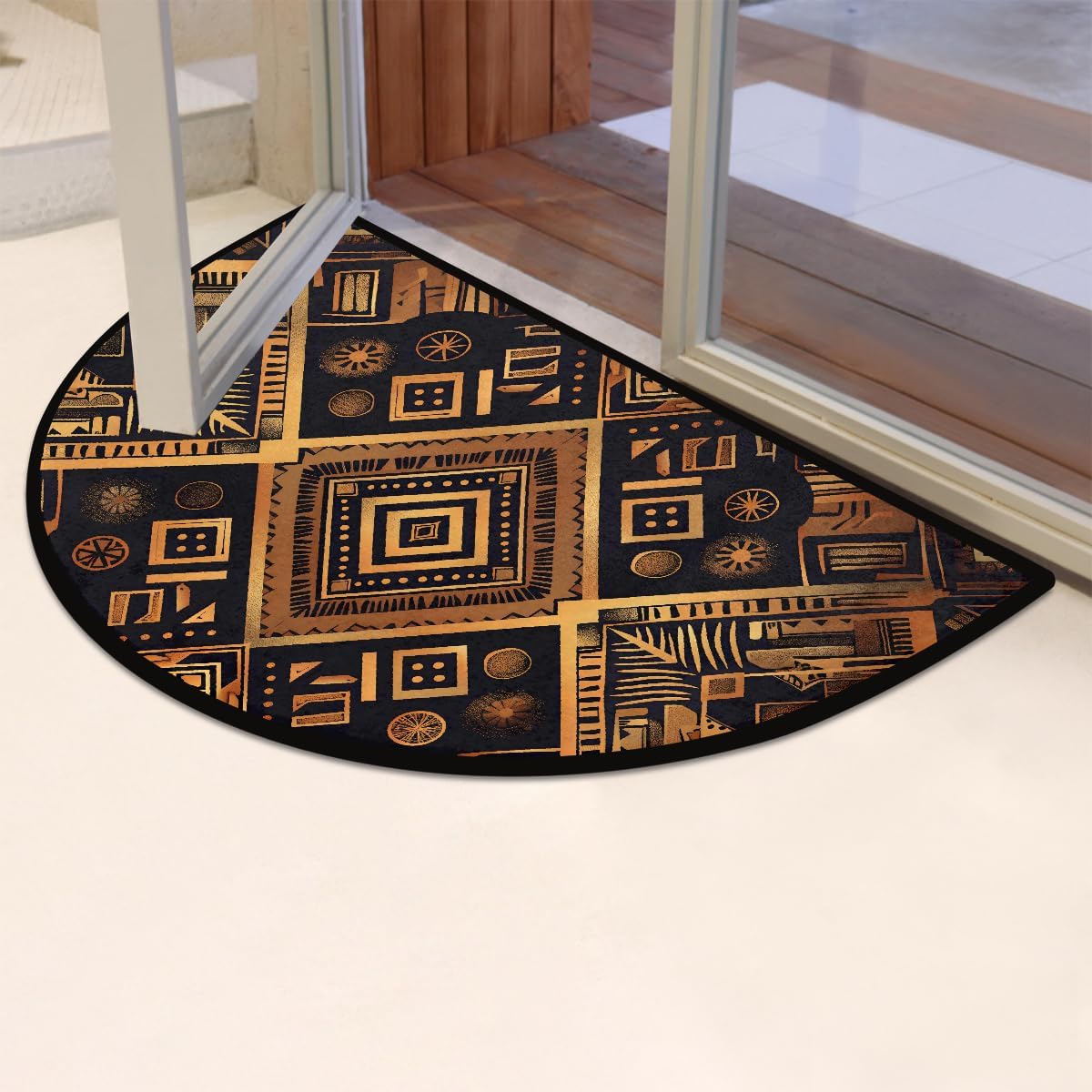 Half Round Doormat Non-Slip Washable Geometric Ethnic Abstract Gold Semi Circle Rug Soft Absorbent Half Moon Mat for Indoor Outdoor Entrance Kitchen Bathroom Sink Patio Welcome Fireplace Floor Rug