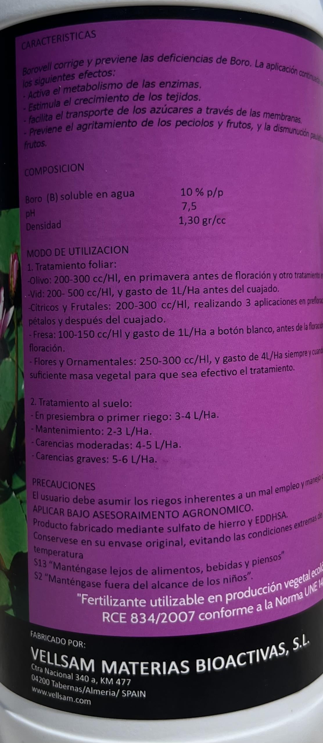 Abono de boro 10% quelatado en etanolamina 1 litro, para fertilización foliar y radicular. Borovell