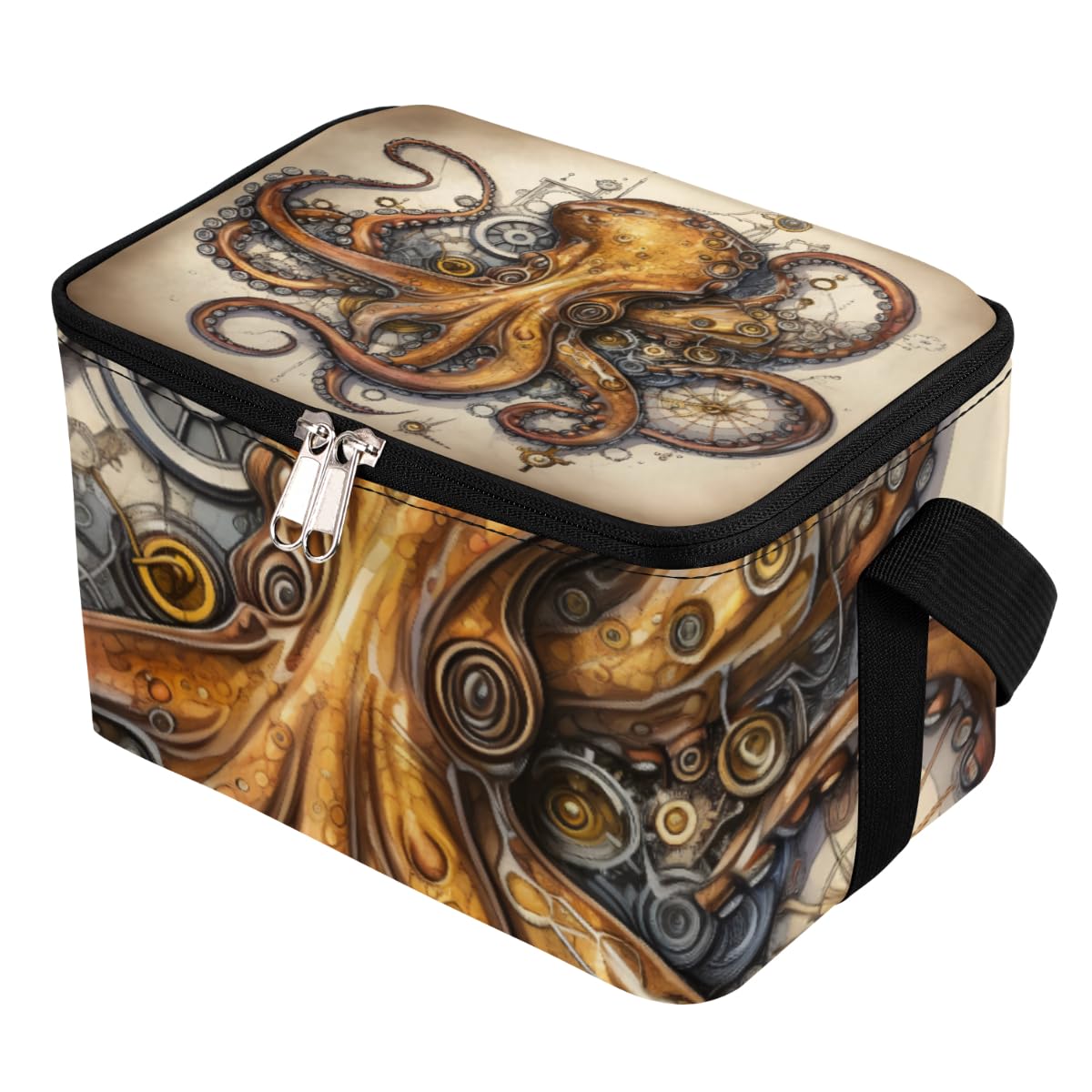 GzLeyigou Lunch Bags for Women Men 9 Cans,Retro Octopus Hot & Cold Food Delivery Bag Insulated Grocery Bag Insulated Lunch Box Octopus Cooler Bag for Office Work Picnic Beach