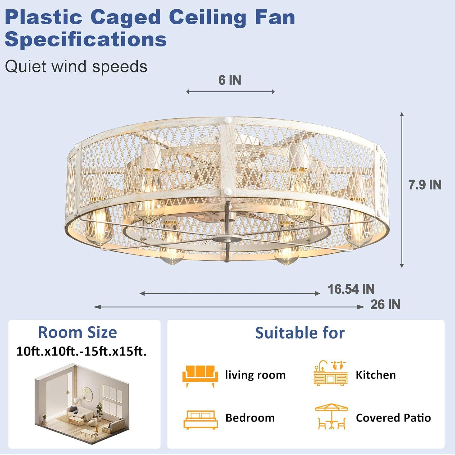 Caged Ceiling Fans with Light: 26 Inch Flush Mount Ceiling Fan with Light and Remote - Rustic Ceiling Fans with Lights for Farmhouse Kitchen Bedroom