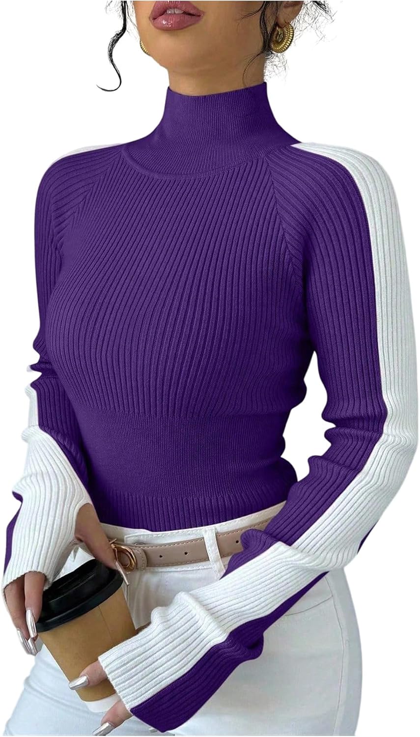 OYOANGLE Women's Color Block Sweater Turtleneck Long Sleeve Pullover Ribbed Knit Tops