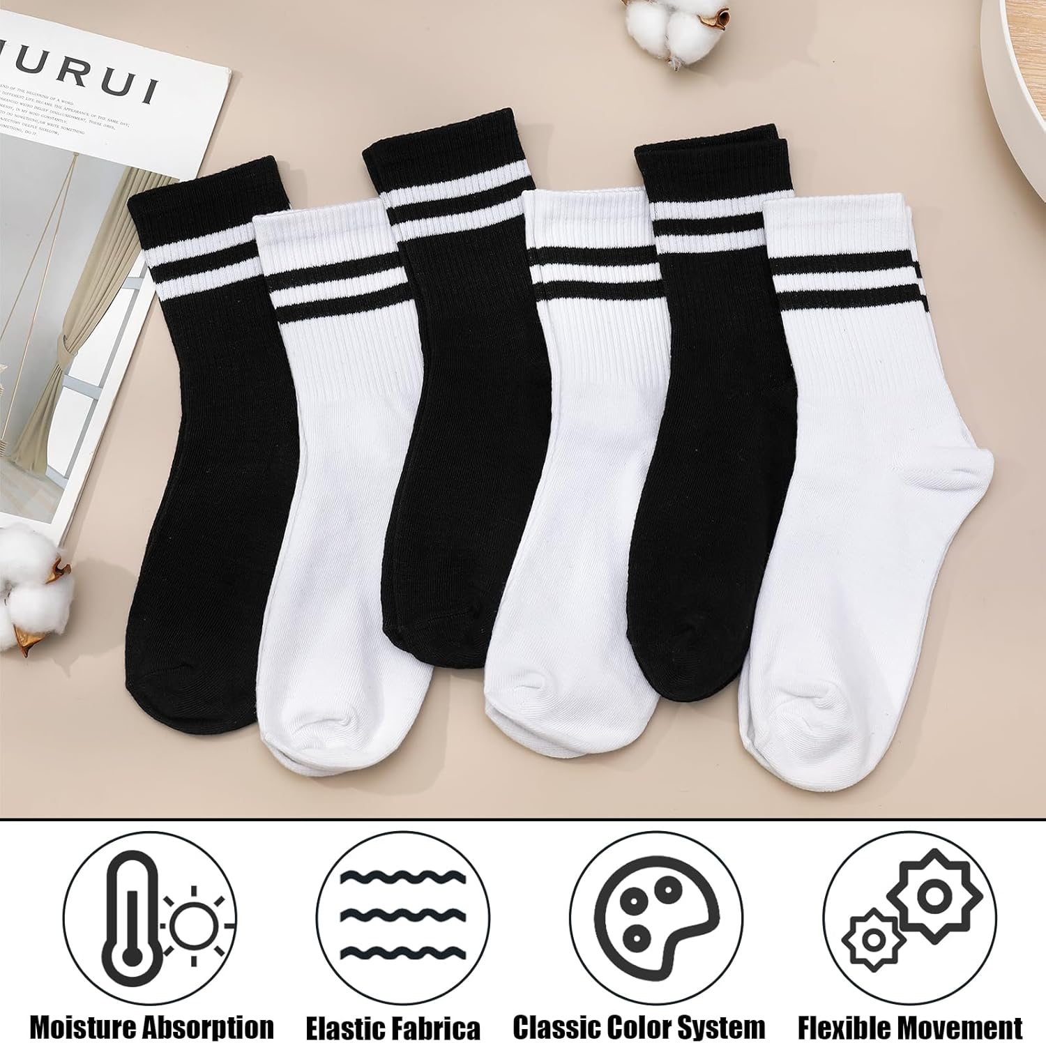 Womens Crew Socks Striped Trim Casual Crew Socks Mid Calf Ankle Sock Vintage Retro Gym Running 6/8 Pack - Image 3