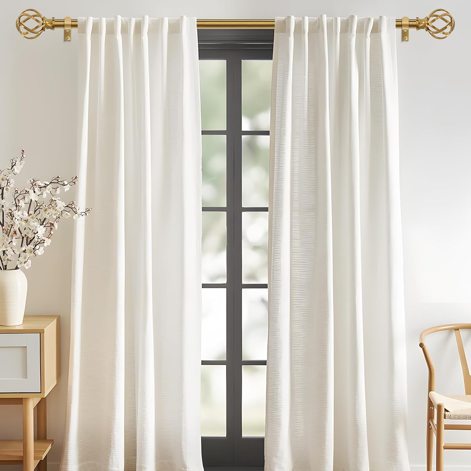 VOIIY 2 Pack Curtain Rods for Windows 48 to 84 Inch(4-7 Feet),3/4" Diameter Gold Drapery Rods with Twisted Cage Finials,Size:36-88 Inch