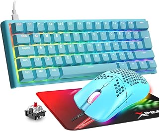 60% Gaming Keyboard and Mouse Combo,62 Keys Anti-ghosting,RGB Backlit,Linear Red Switch,TKL Ergonomic Mechanical Keyboard+Rainbow Led Honeycomb Mouse with 6400DPI Optical Sensor for PC/Mac(Blue)