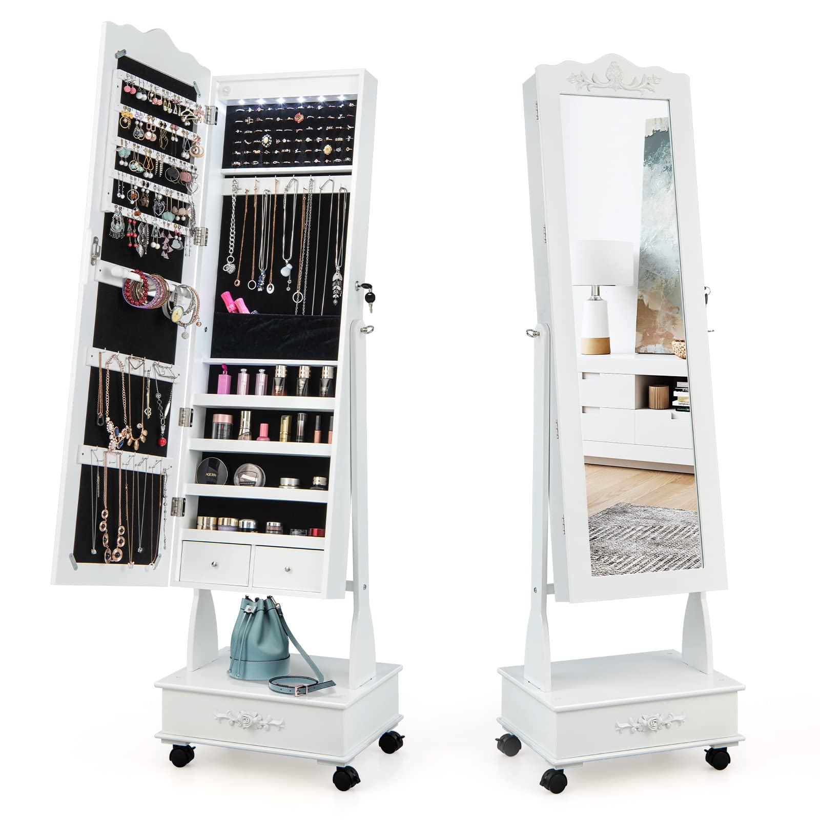 COSTWAY COSTWAY Armario Para Joyas con Ruedas, Organizador de Joyerías con Luces LED y Cerradura, Gabinete de joyería con Espejo de Cuerpo Entero y 3 Posiciones Ajustables, Cajones para Dormitorio (Blanco)