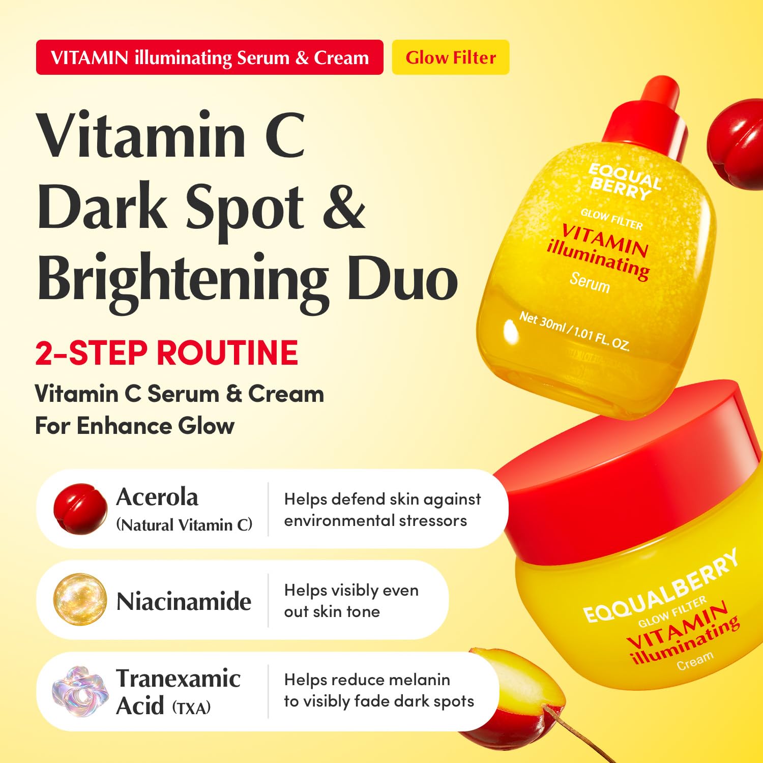 EQQUALBERRY Vitamin C Dark Spots & Brightening Duo | Vitamin Illuminating Serum & Cream with Niacinamide, TXA & Ceramides | Korean Skincare Set for Even Tone & Glow
