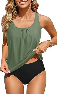 Yonique Blouson Tankini Swimsuits for Women Modest Bathing Suits Two Piece Loose Fit Swimwear, Army Green, Medium Price In India
