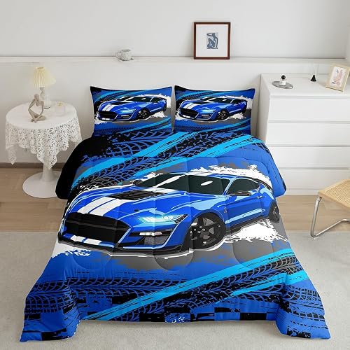 Blue Sports Car Comforter Set for Kids Boys Men,Graffiti Race Car Bedding Set Fu