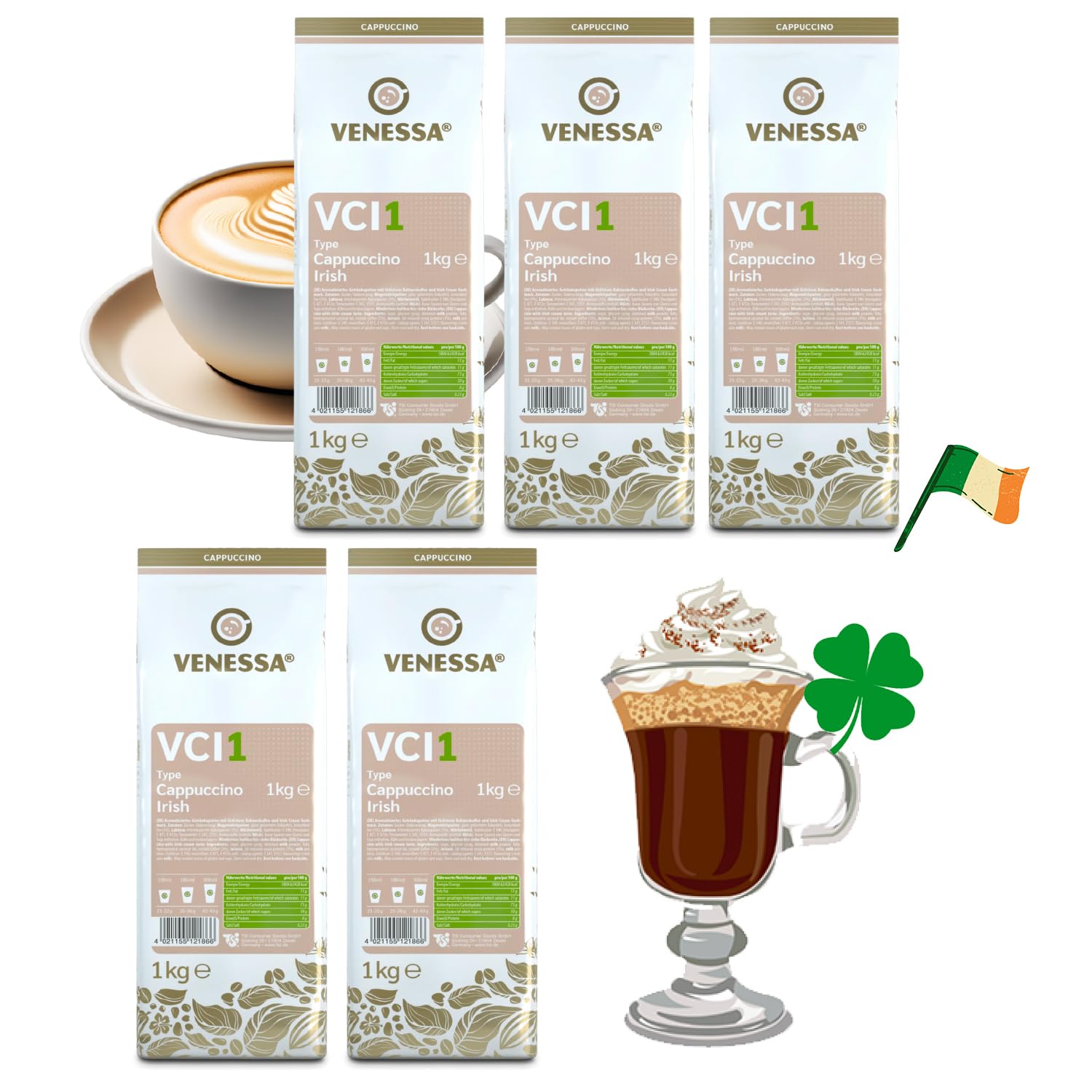 VENESSA Cappuccino Irish VCI1 aromatyzowany napój w proszku 5 x 1 kg z kawą rozpuszczalną, wydajny, smaczny, o kremowej konsystencji – wszystkie ekspresy do kawy i nadają się do stosowania