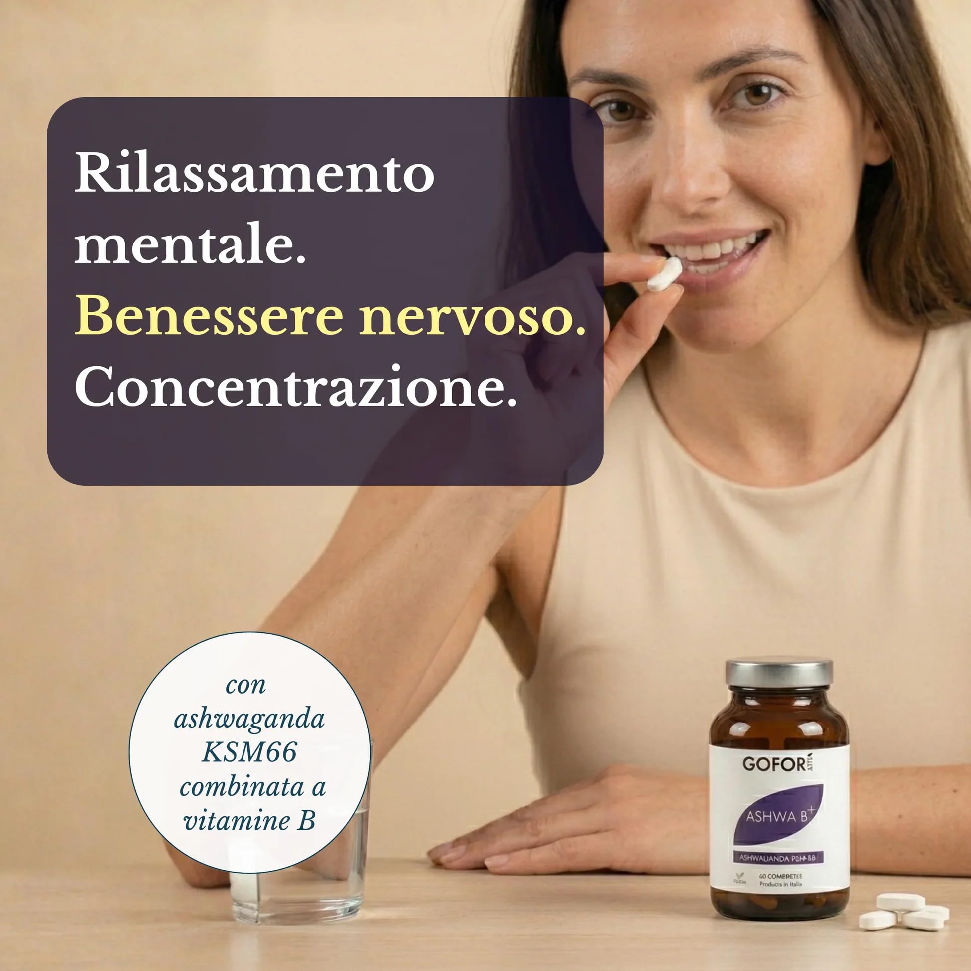 GOFOR360 Ashwa-B+ Ashwagandha KSM-66 Brevettata + 5 Vitamine del Gruppo B Alto Dosaggio | Integratore Stress, Energia e Lucidità Mentale | 60 Compresse 2 Mesi | Made in Italy
