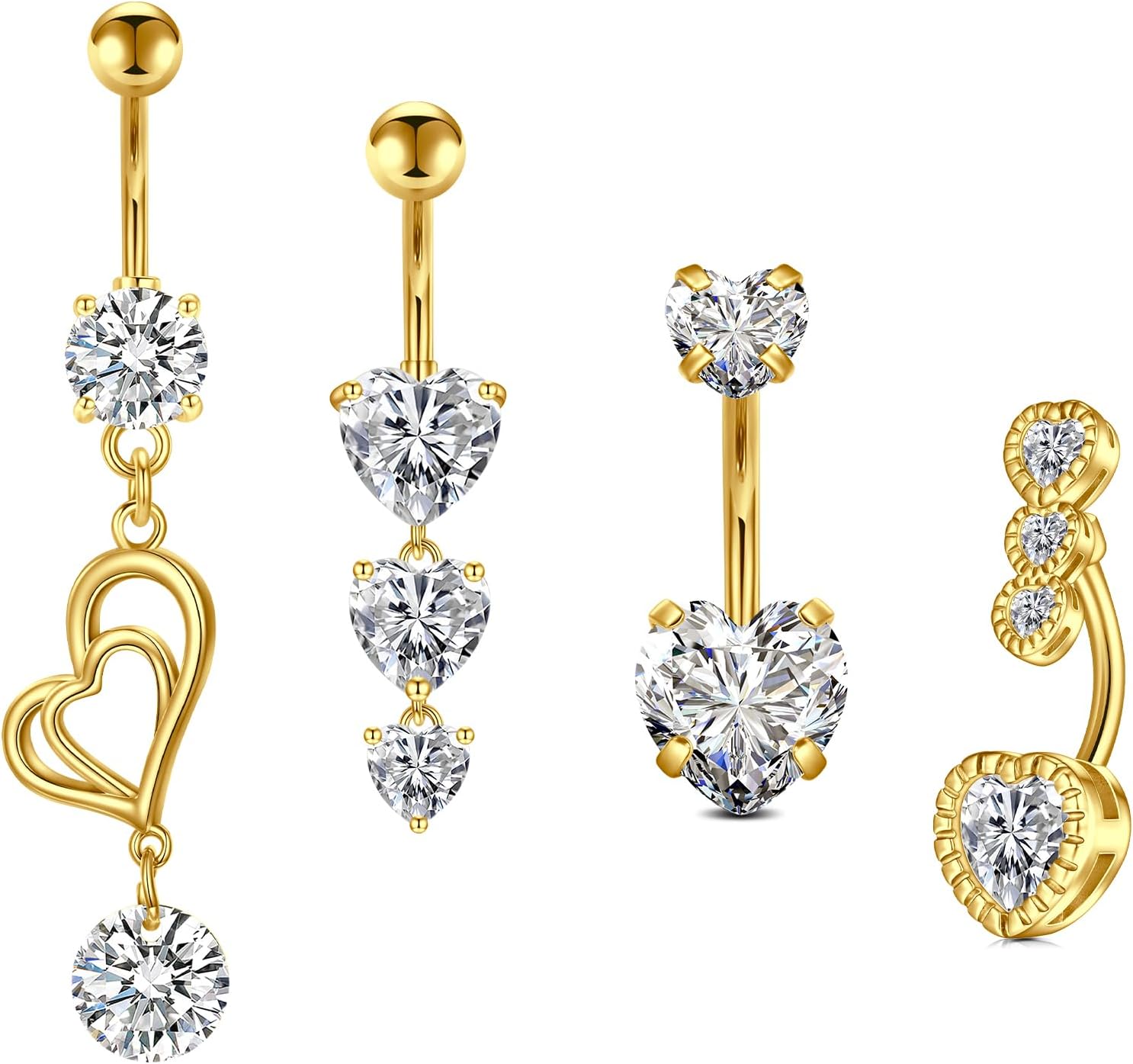 MODRSA 14G Heart Belly Button Bars Dangle Belly Bars Stainless Steel Pearl Navel Rings for Women Diamond CZ Belly Button Piercing Bar Length 10MM Silver Gold