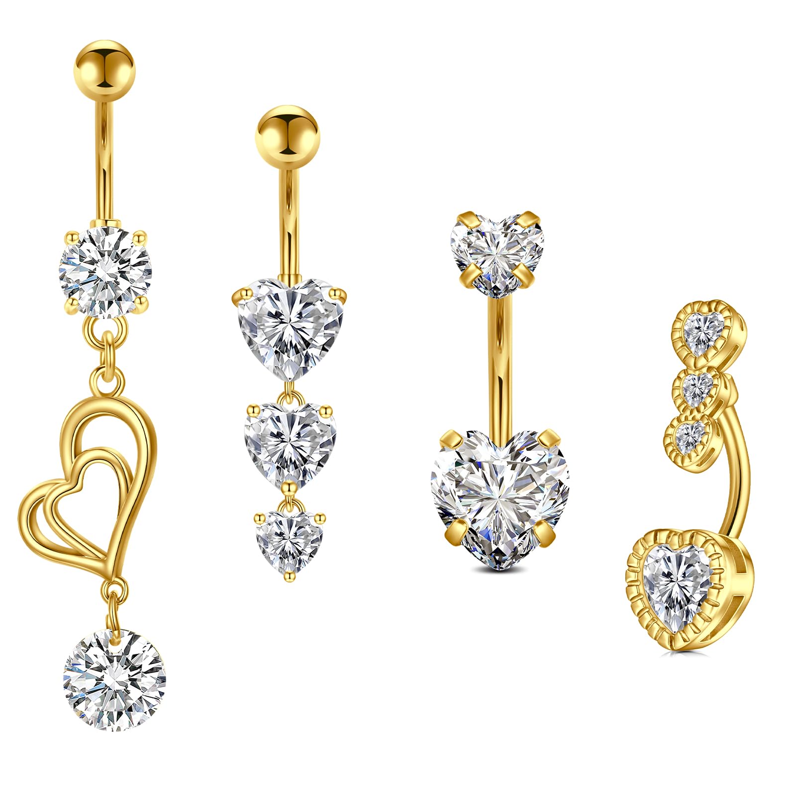 MODRSA 14G Heart Belly Button Bars Dangle Belly Bars Stainless Steel Pearl Navel Rings for Women Diamond CZ Belly Button Piercing Bar Length 10MM Silver Gold