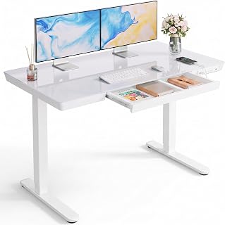 Marsail Glass Standing Desk with Drawer, 48 x 24 inch Electric Standing Desk, Height Adjustable Desk with One-Piece Tabletop & USB Charging Ports, Sit Stand Desk with Storage for Home & Office White