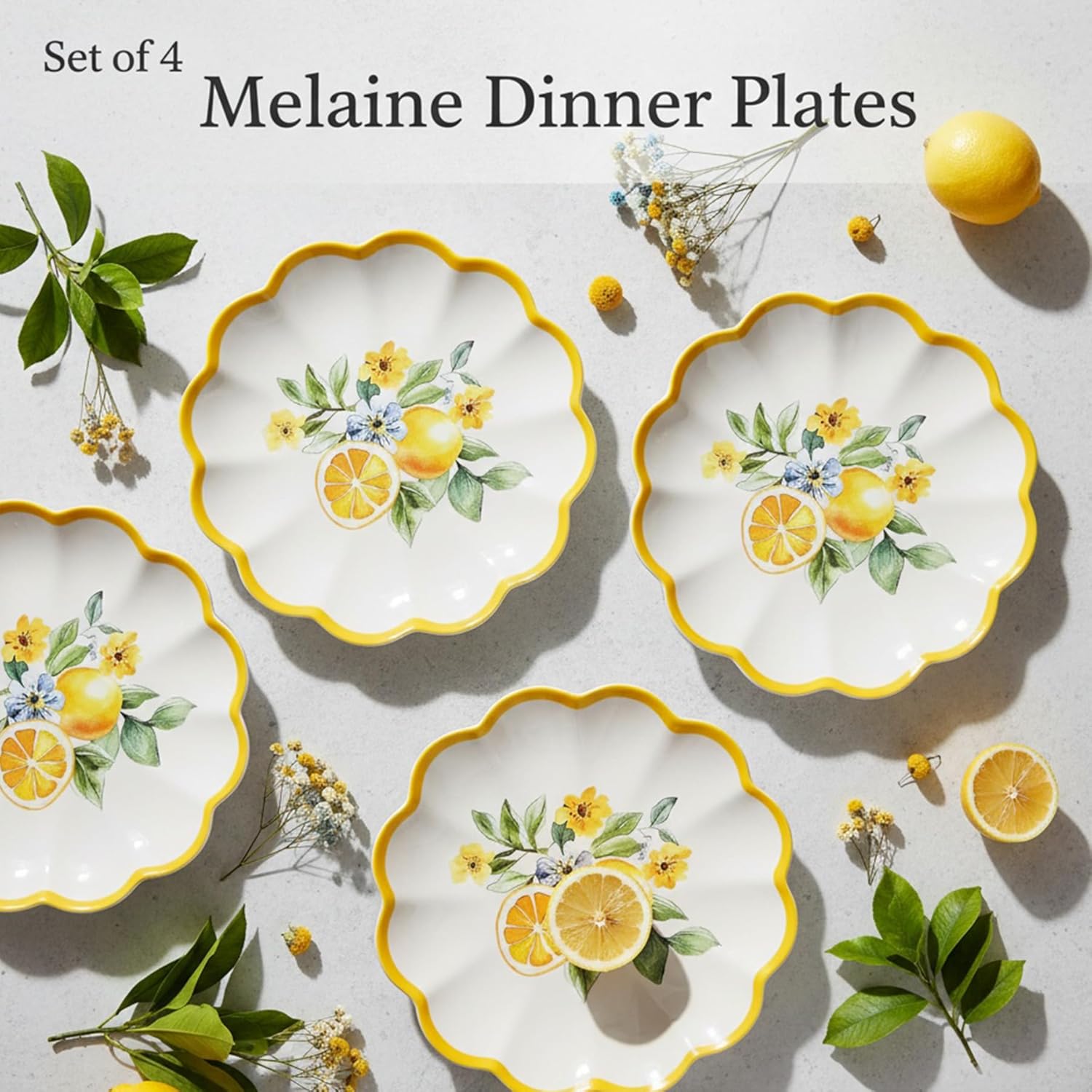Unbreakable Melamine Plates Set of 8, 4 Large 11" & 4 Small 9" Plates, Lightweight RV/Dinner Plates, Lemon Design, Dishwasher Safe
