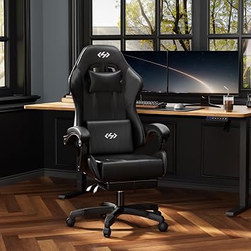 HLDIRECT Gaming Chair, Ergonomic Computer Office Chair with Lumbar Support Footrest Headrest, Adjustable Height & Backrest Angle Video Gamer Chair, PU Leather, 360 Swivel, Adult (Black)