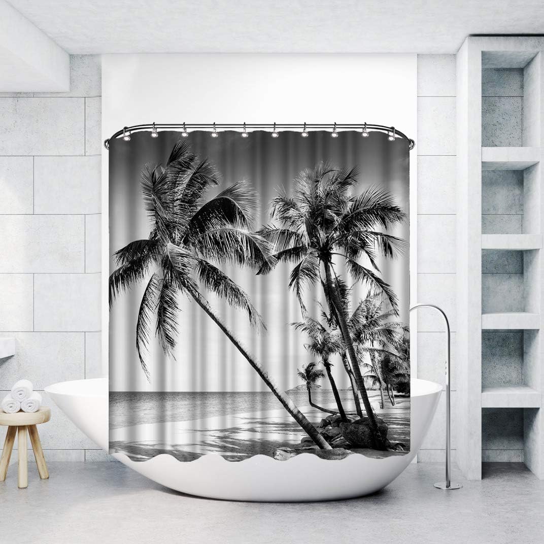 Beach Shower Curtain for Bathroom Tropical Palm Tree Landscape Black and White Waterproof Fabric Curtain Decor with 12 Hooks 72x72 Inches