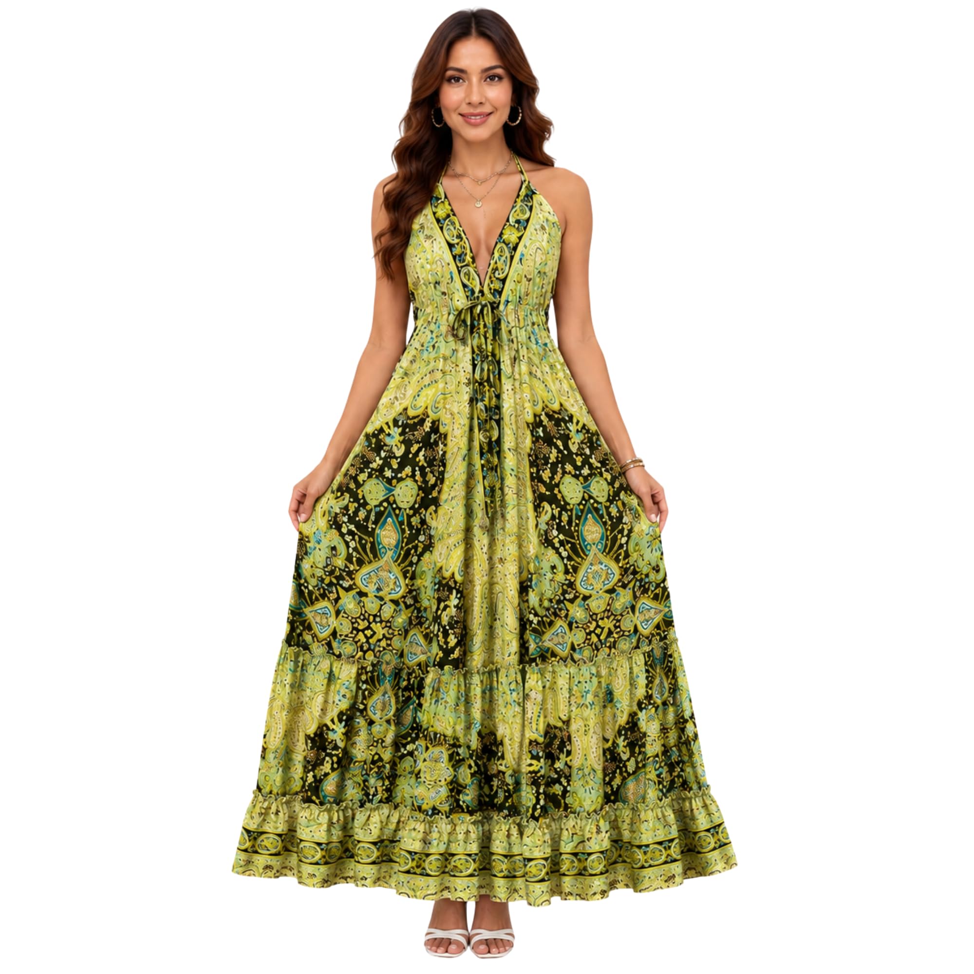 VESTORA'S Women's Kasturi Silk Printed Halter Neck Maxi Dress | Sleeveless Flared Long Dress | Casual, Vacation-picture-37