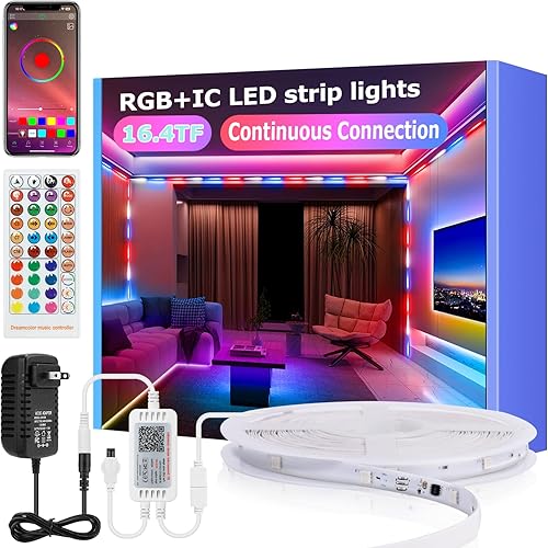 Tira de luces LED inteligentes RGB de conexión continua, 16.4 pies para dormitorio, sala de juegos, tira de luces LED Bluetooth con control de