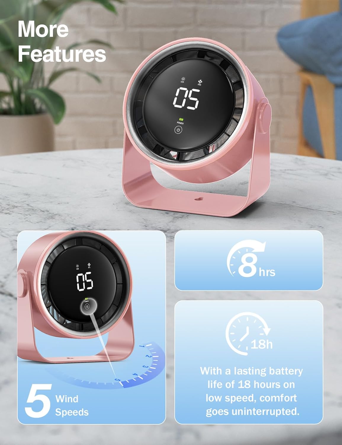 Small Desk Fan, Ultra-Quiet Desktop Air Circulator, Touch Screen Control, Multi-Speed Desktop Fan with LED Light, Quiet Table Fan for Bedroom, USB Rechargeable Small Fan for Desk (Pink)