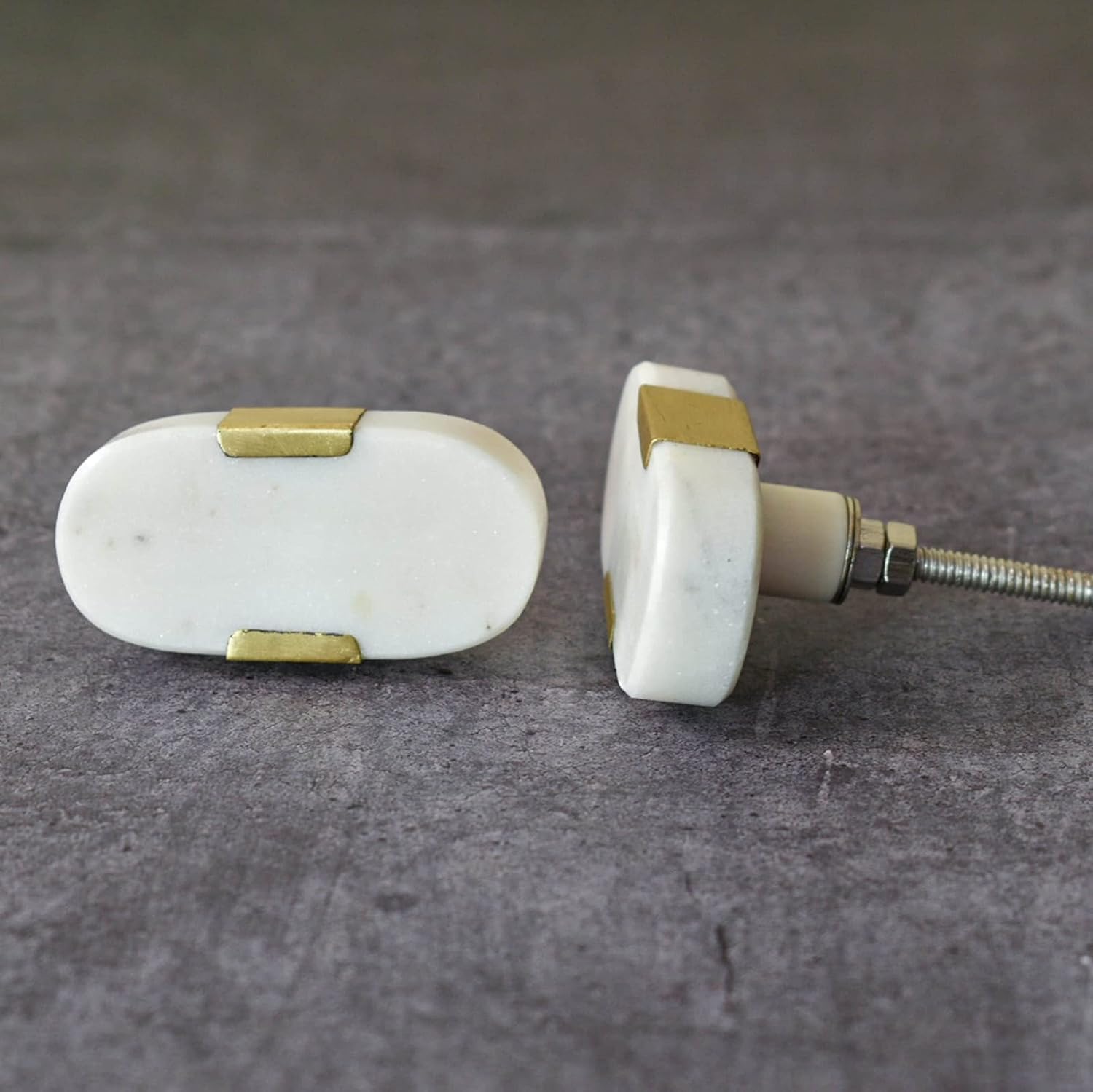 Oval Stone Brass Knob | Pull Handle | Drawer Knob | Furniture Knob | Cabinet Knob | Gold | Natural Stone | Brass Handle (White)- Set of 6