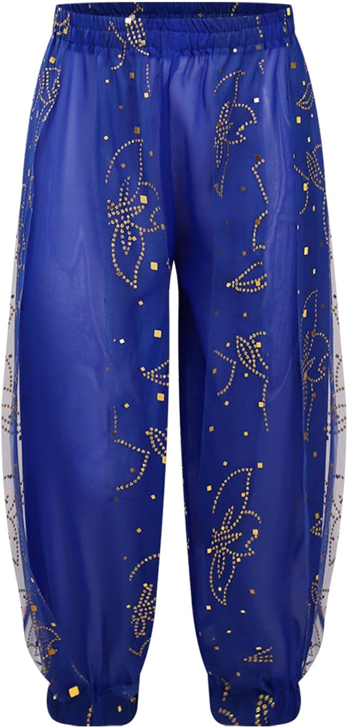Aislor Kids Girls Shiny Floral Print India Belly Dance Bloomers Trousers Arabic Tribal Performance Halloween Party Pants