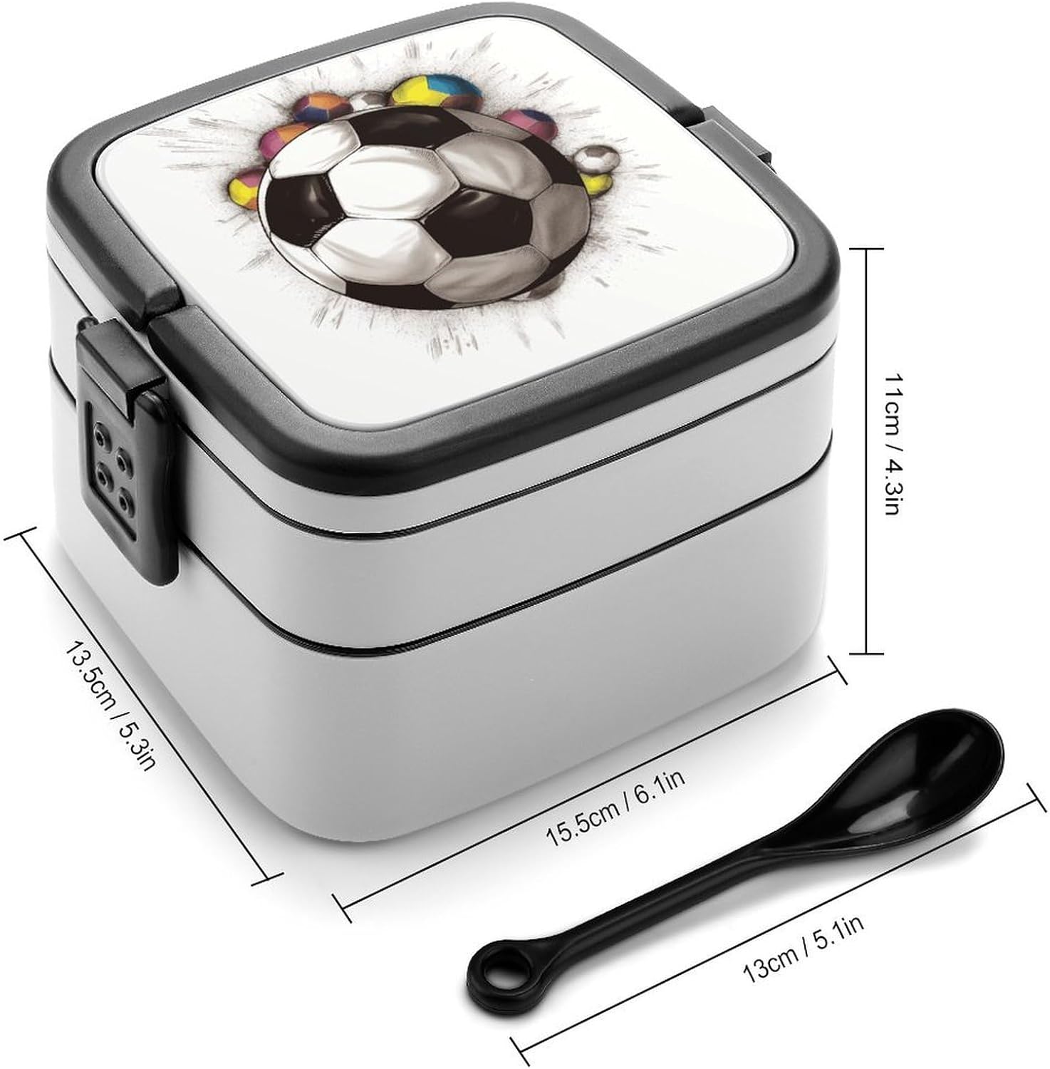 Soccer Drawing Bento Box with Spoon, 2-layer Stackable Lunch Box Leak Proof with Invisible Handle, Insulated Food Storage for Office, Picnic & Travel