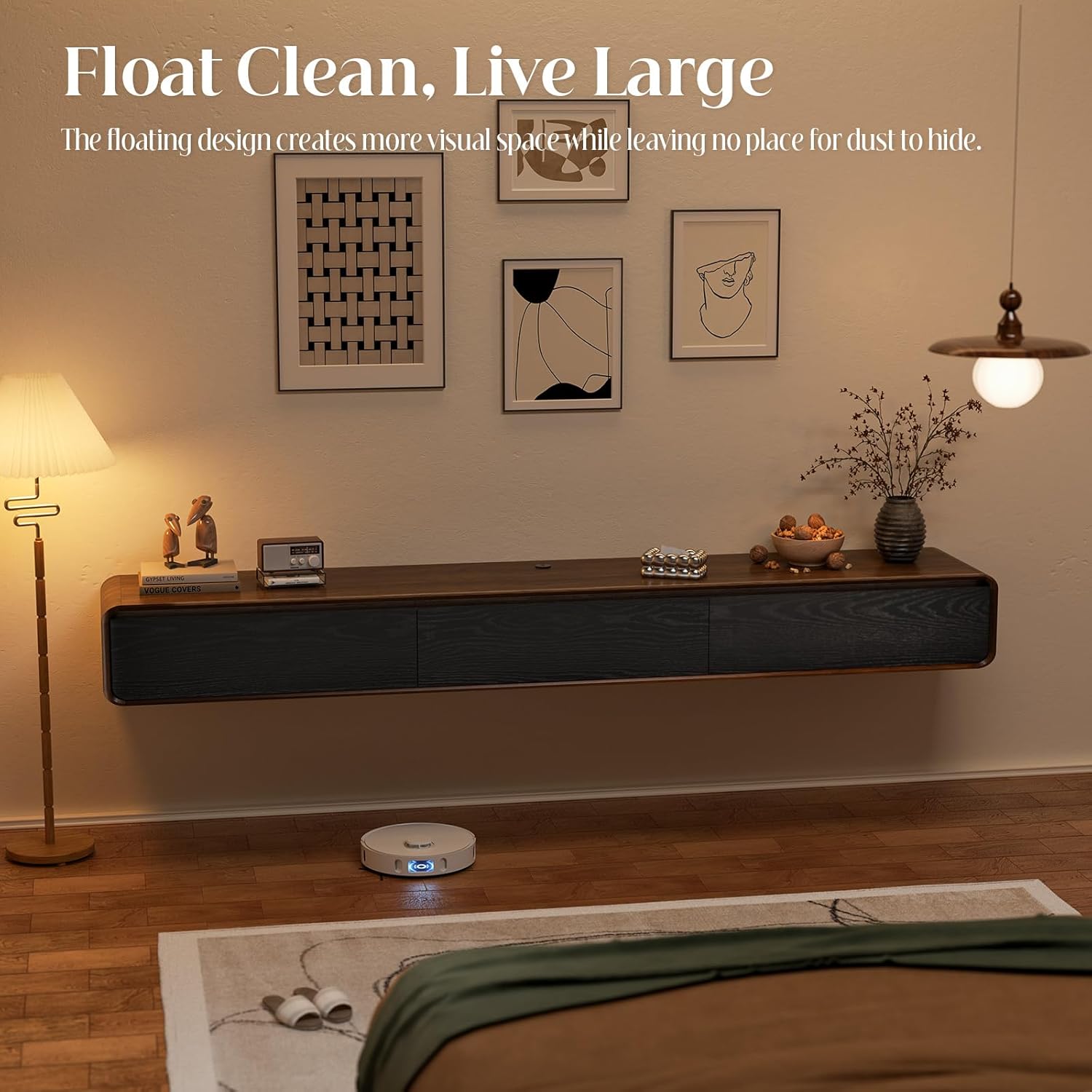 71" Floating TV Stand Wall Mounted, Floating Entertainment Center for TVs up to 80 inch, TV Media Console with Flip-Down Doors, Cable Management for Living Room Bedroom Walnut & Black