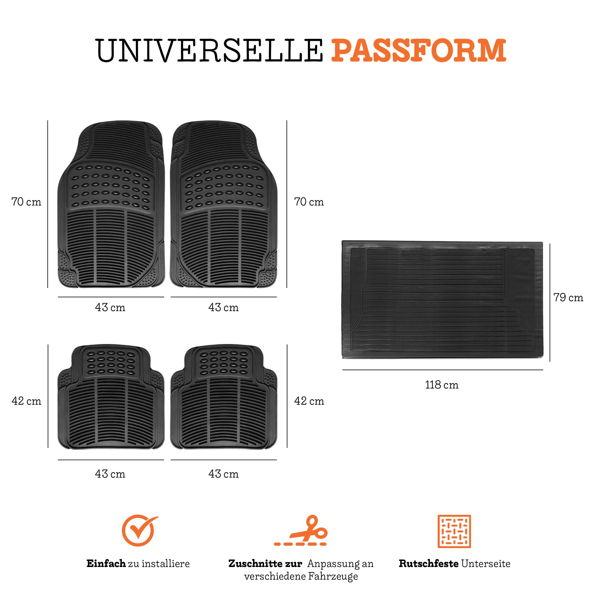 Universelle Autofußmatten, 5-teiliges Set für den Innenraum (2 vorne + 2 hinten + 1 Kofferraummatte), Flexible PVC-Gummimatte wasserdicht, antirutschmatte Auto und zuschneidbar