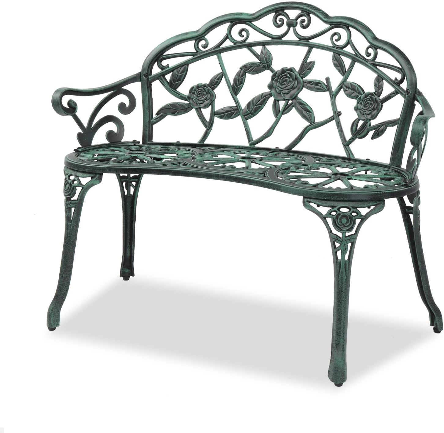 VINGLI 38.5" Patio Park Garden Outdoor Metal Rose Bench,Cast Iron Cast Aluminium Frame Antique Finish Chair,Accented Lawn Front Porch Path Yard Decor Deck Furniture for 2 Person Seat๏ผGreen&Black