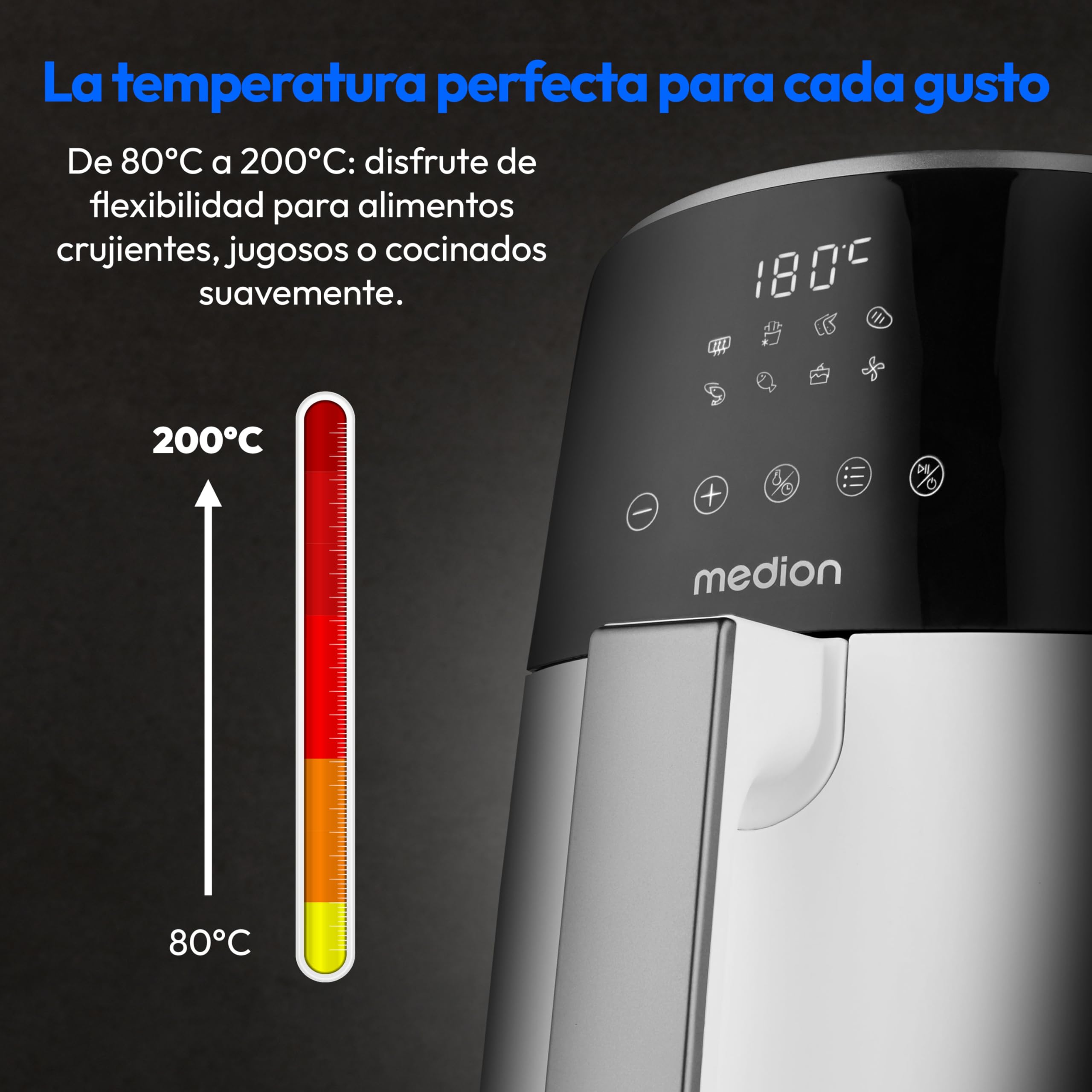 MEDION Freidora de aire caliente P40 L (4,7 litros, 1500 vatios, fácil manejo, freír sin aceite, temporizador de 60 minutos, hasta 200° C, revestimiento antiadherente, MD13030) blanco