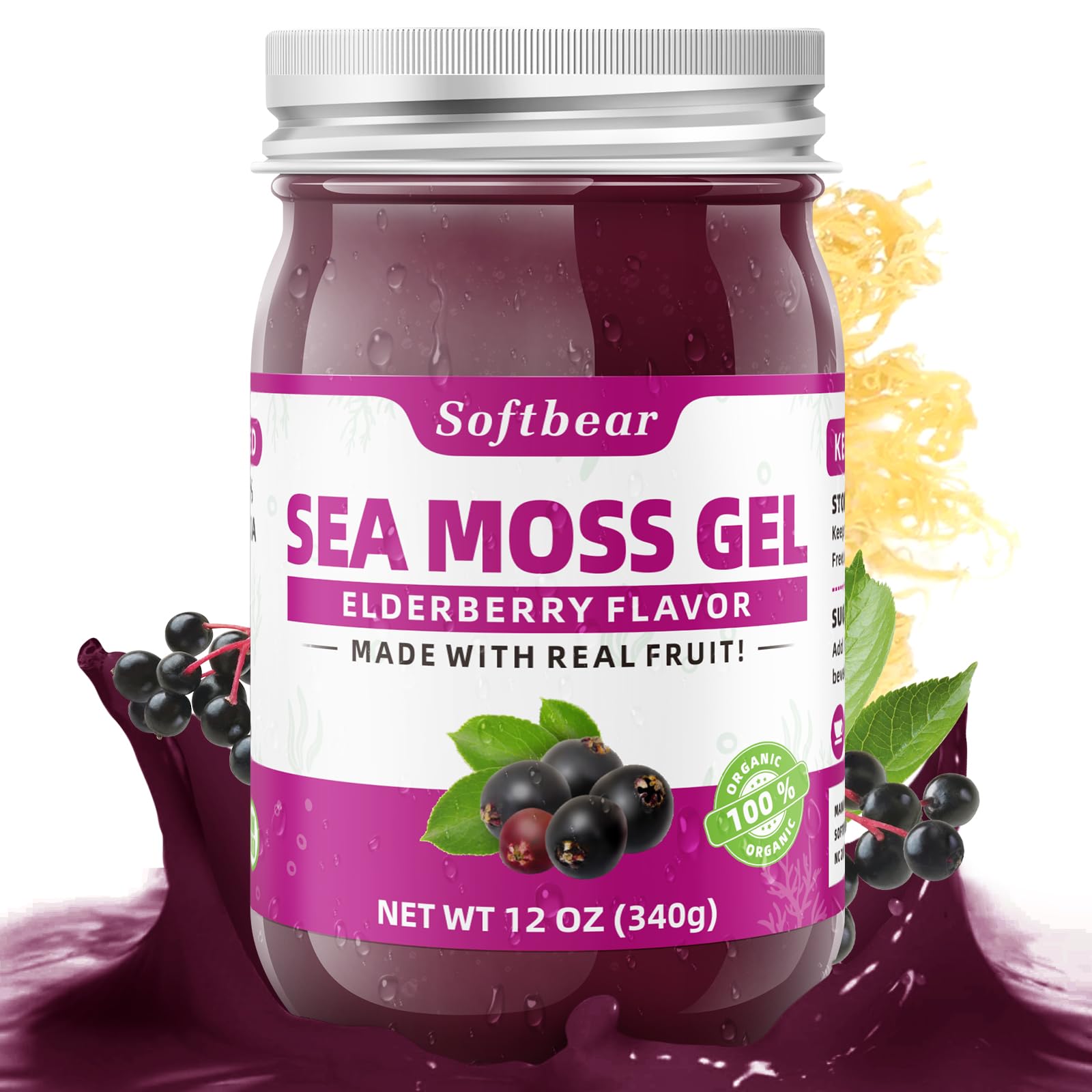 Sea Moss Gel Organic Raw 12 OZ Wildcrafted Irish Sea Moss Gel Rich in 92 Vitamins & Minerals for Immune Digestive Support Vegan Superfood Sea Moss Supplement Elderberry Flavor