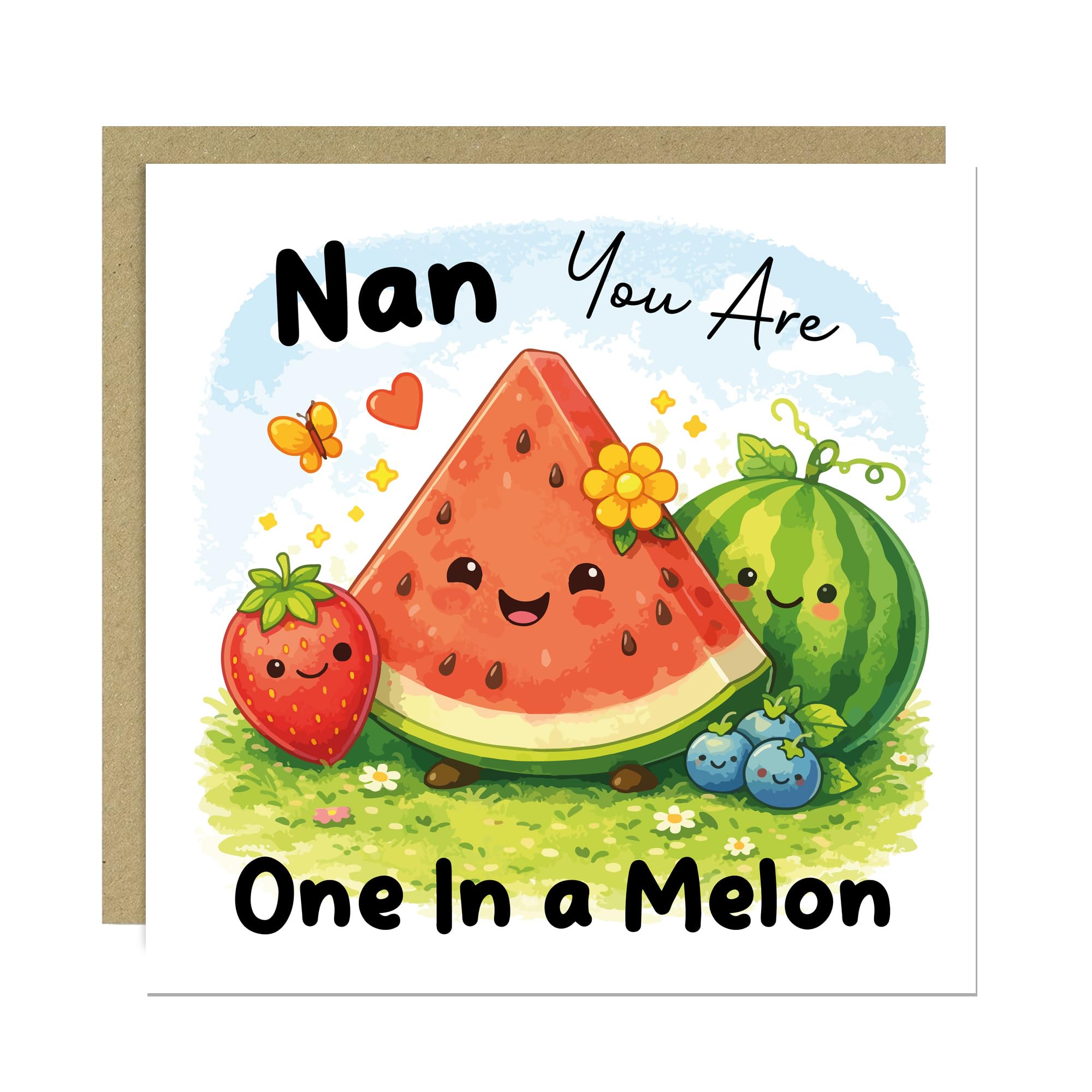 RED OCEAN Funny Nan Card - One in a Melon - Mother’s Day Card for Nan, Cute Pun Birthday Cards, Grandparent Cards From Granddaughter Grandson 145x145mm With Kraft Envelope