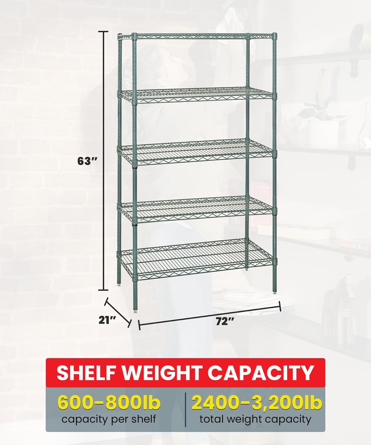 QUANTUM STORAGE SYSTEMS WR63-2172P-5 Starter Kit Wire Shelves Green Epoxy 5 Shelves 63" H x 72" W x 21" D