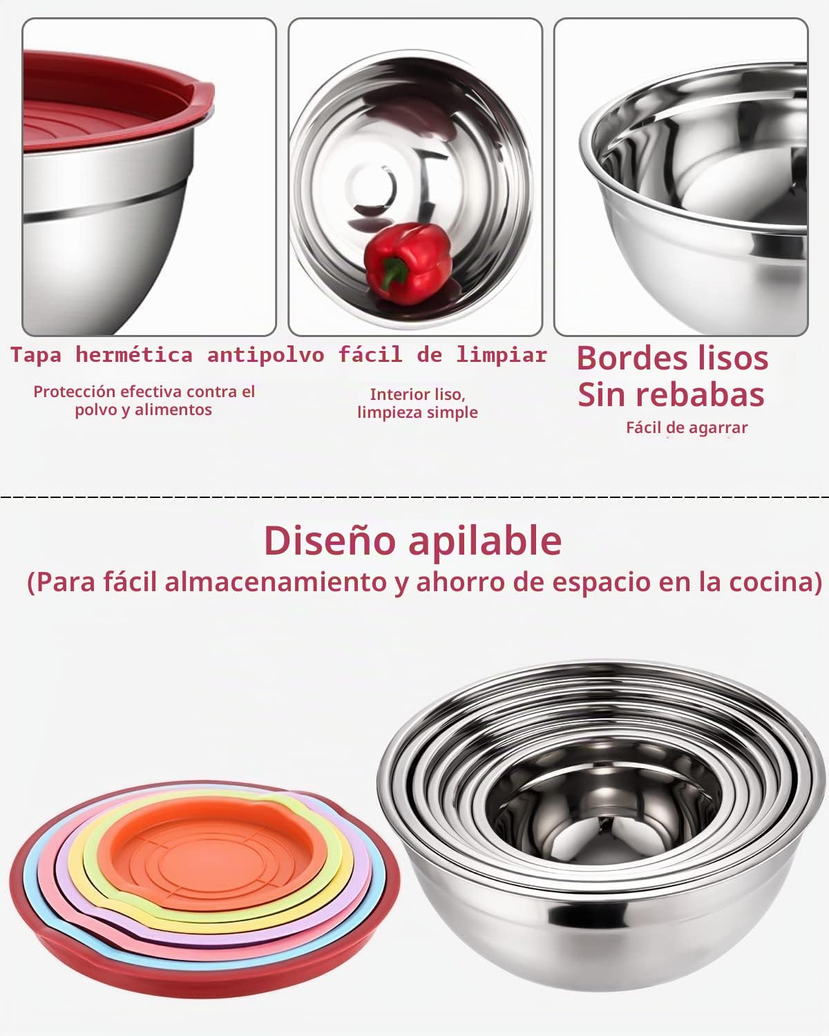 7 piezas Cuencos Mezcladores de Acero Inoxidable con Tapas hermética, juego de ensaladera, 4L/3.5/3L/2.5L/2L/1.5L/1L, Apilable, Cuenco Comida, Cuenco de Cocina para Mezclar y Servir